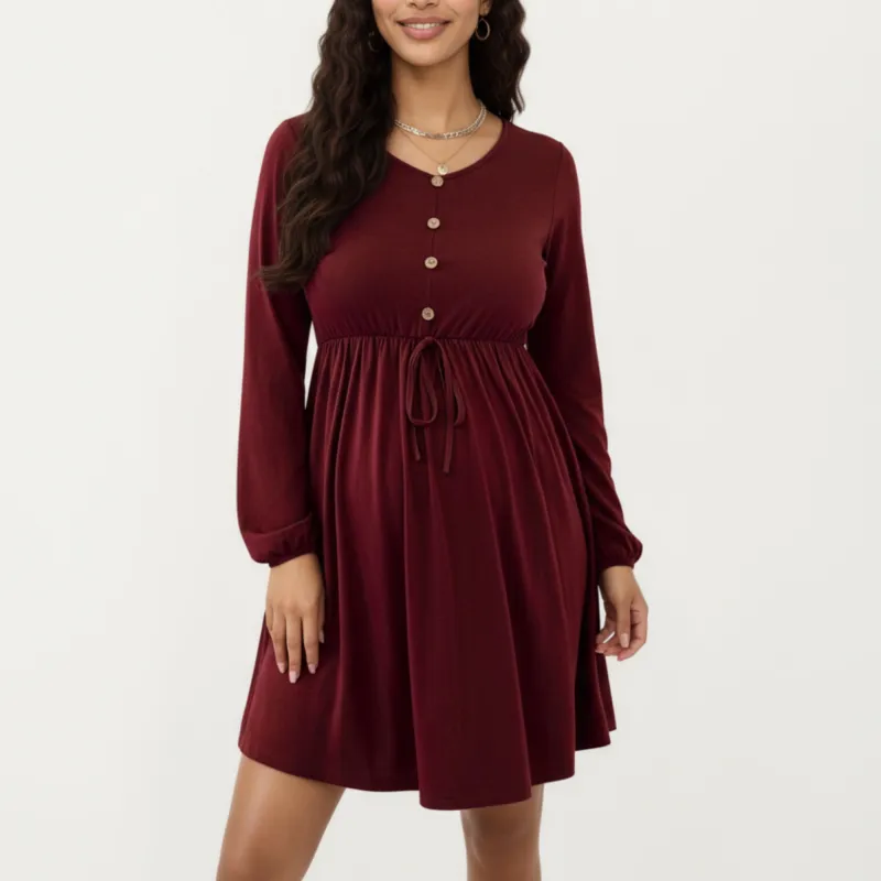 Anna-Kaci Women¡¯s Maternity Dress with Long Sleeves Soft Stretch Fabric Button Front Accents and Adjustable Drawstring Empire Waist Silhouette sold by Anna-Kaci