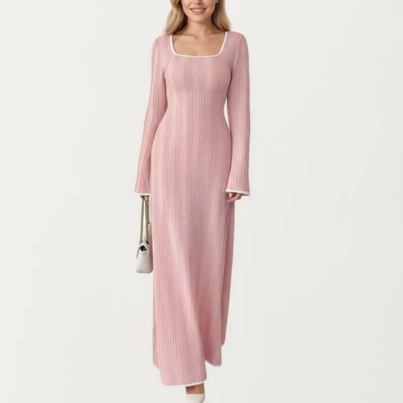 Anna-Kaci Women's Rib Knit Maxi Dress with Square Neckline, Long Sleeve Silhouette and Soft Textured Detailing for Refined Everyday Styling sold by Anna-Kaci