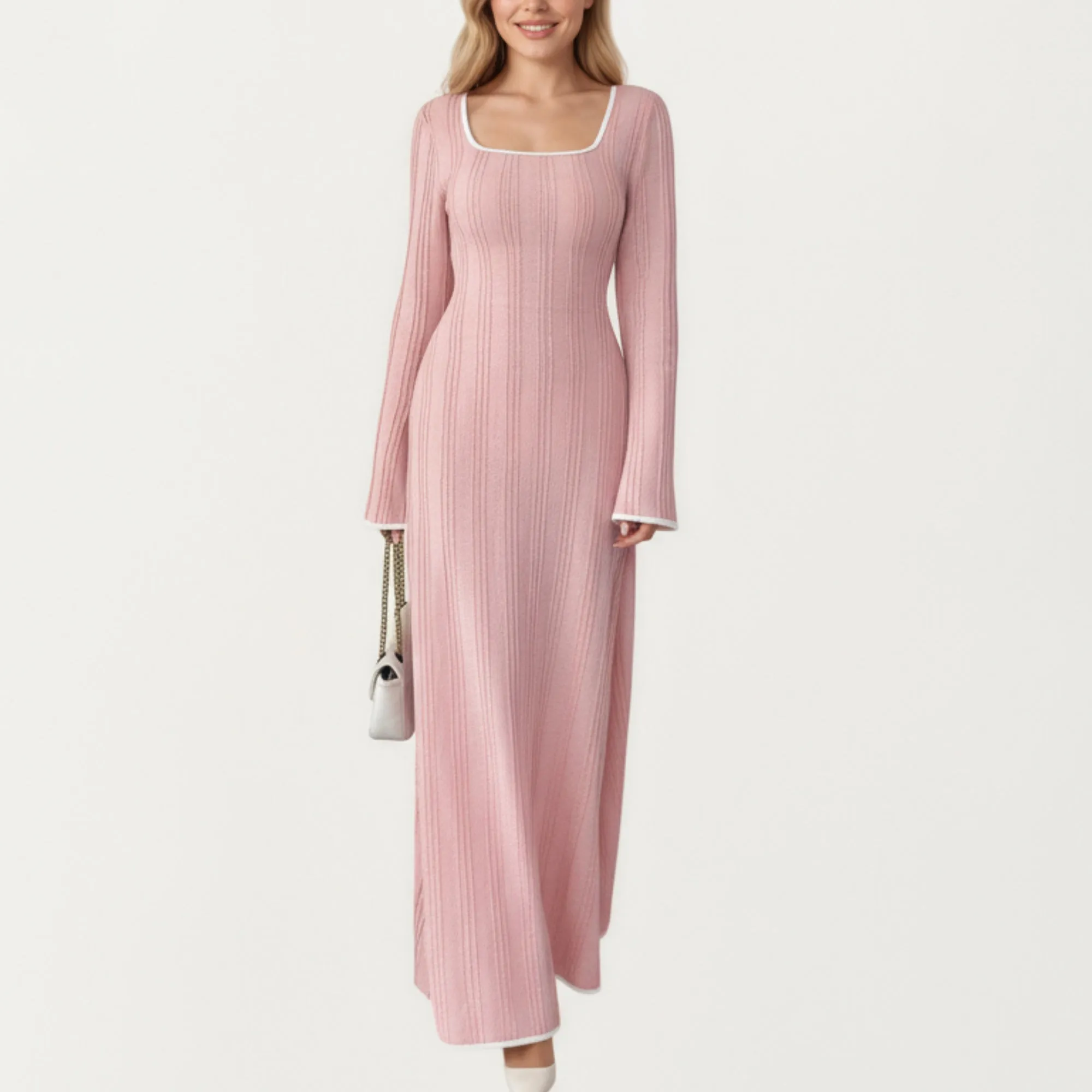 Anna-Kaci Women's Rib Knit Maxi Dress with Square Neckline, Long Sleeve Silhouette and Soft Textured Detailing for Refined Everyday Styling sold by Anna-Kaci
