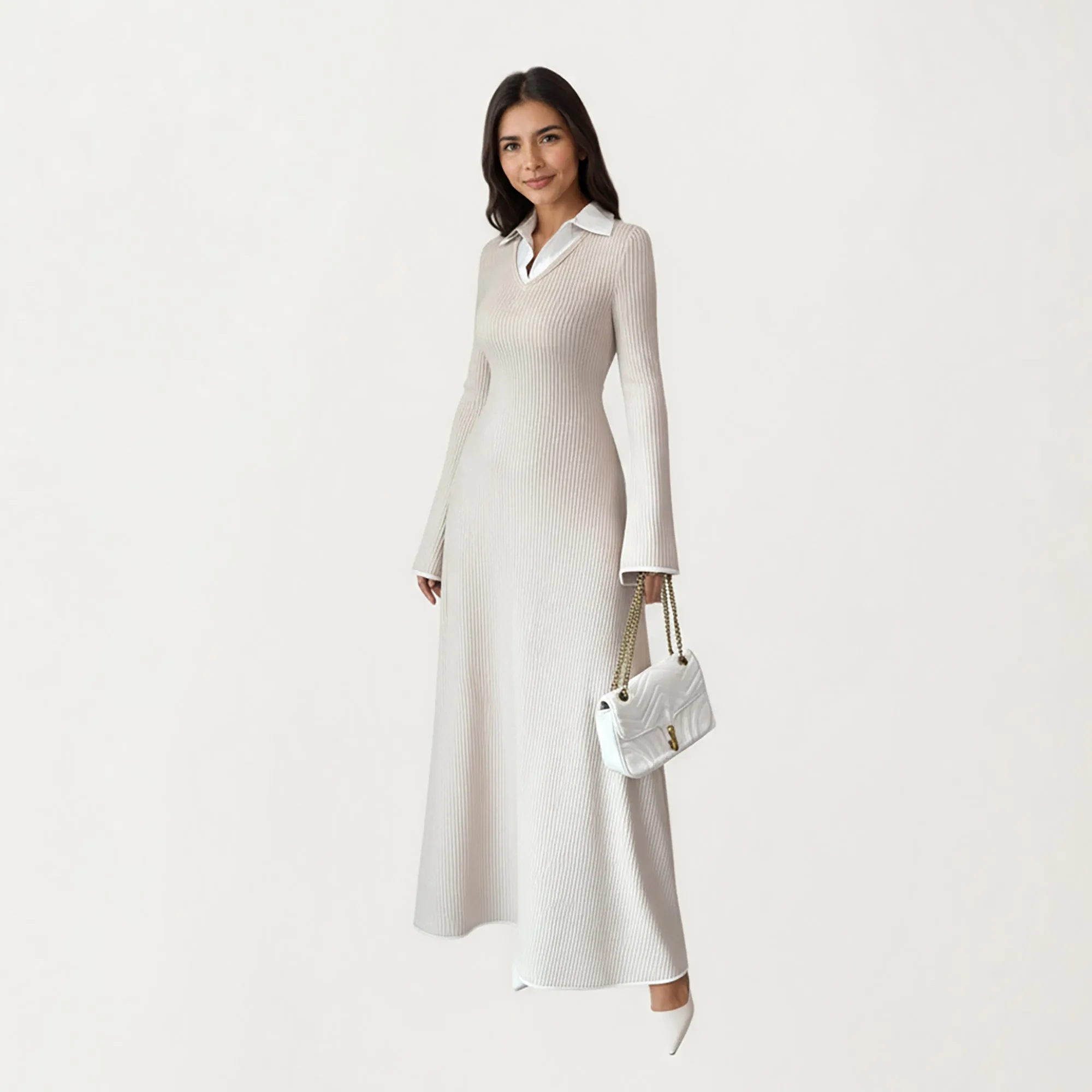 Anna-Kaci Women's Rib Knit Maxi Dress with Contrast Collar Detail, Long Sleeve Silhouette and Soft Stretch Texture for Refined Everyday Styling sold by Anna-Kaci product image thumbnail 3