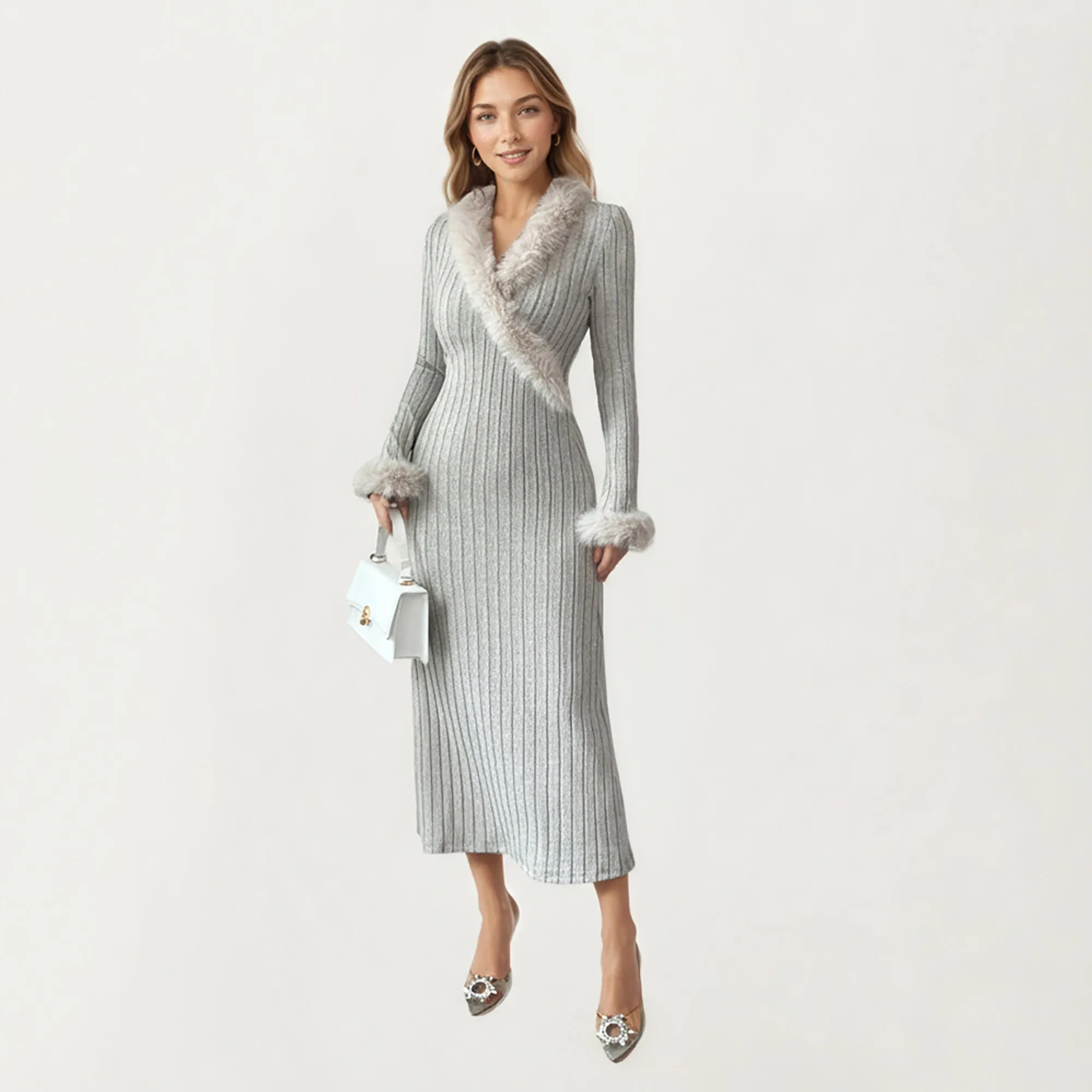 Anna-Kaci Women's Rib Knit Midi Dress with Faux Fur Trim, Wrap V-Neckline, Long Slim Sleeves and Form-Fitting Silhouette for Elevated Styling sold by Anna-Kaci product image thumbnail 3