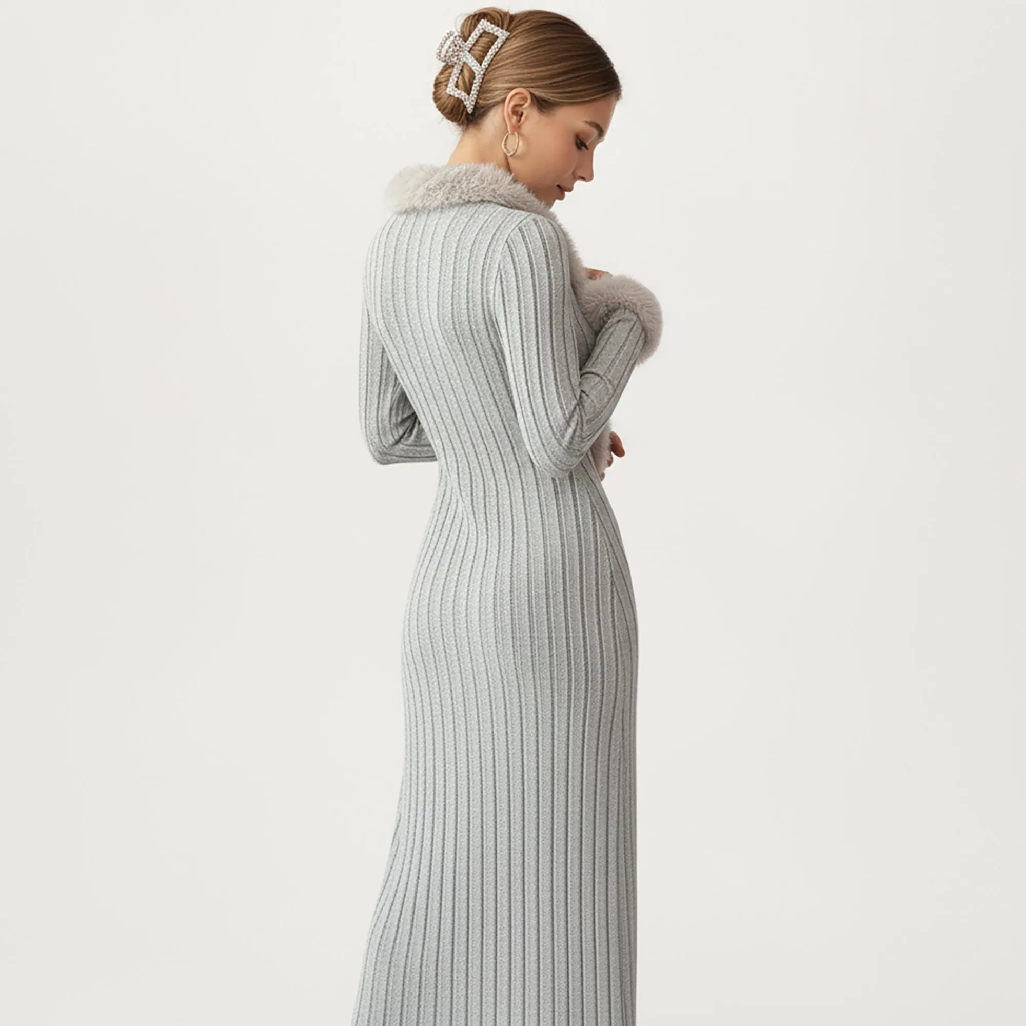 Anna-Kaci Women's Rib Knit Midi Dress with Faux Fur Trim, Wrap V-Neckline, Long Slim Sleeves and Form-Fitting Silhouette for Elevated Styling sold by Anna-Kaci product image thumbnail 4