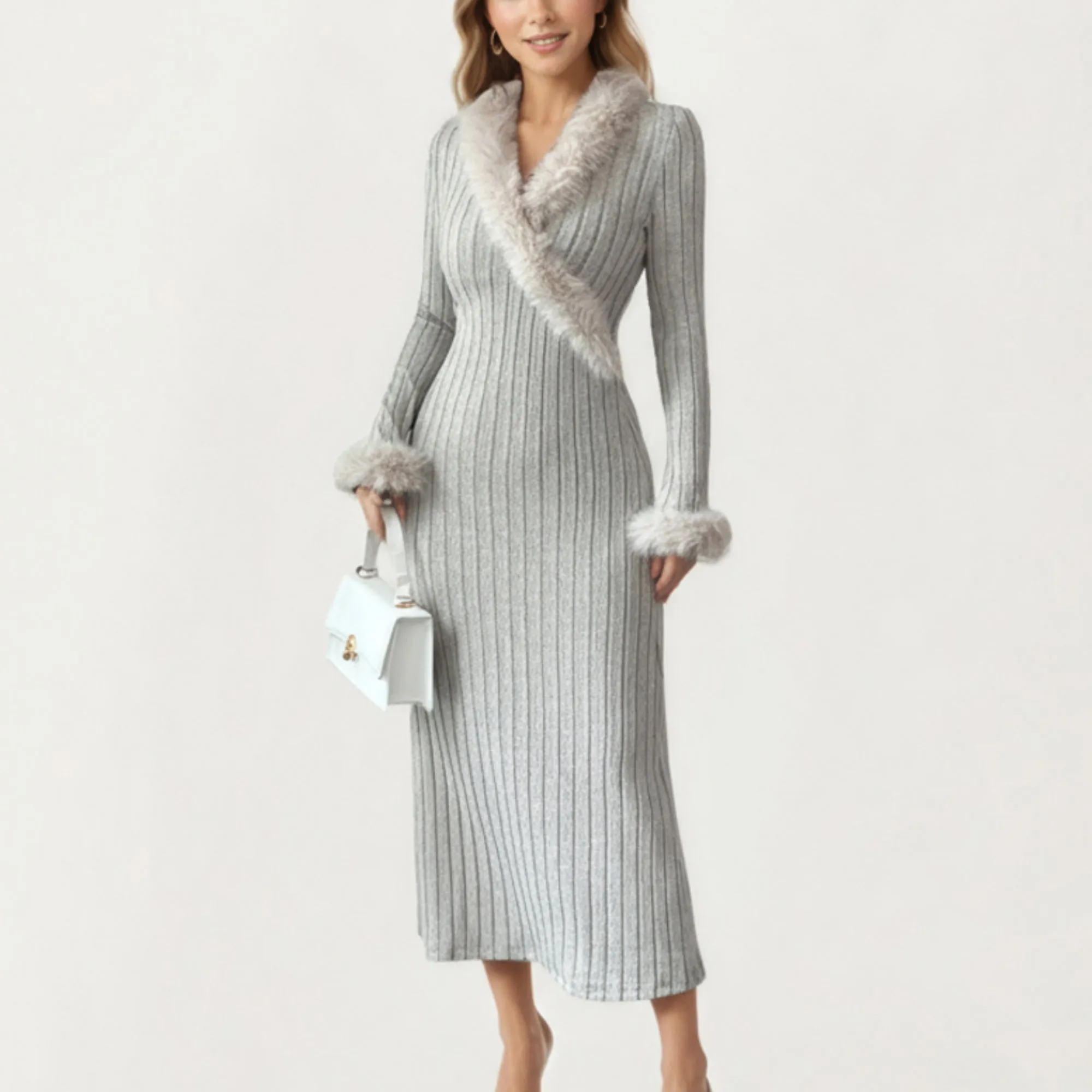 Anna-Kaci Women's Rib Knit Midi Dress with Faux Fur Trim, Wrap V-Neckline, Long Slim Sleeves and Form-Fitting Silhouette for Elevated Styling sold by Anna-Kaci