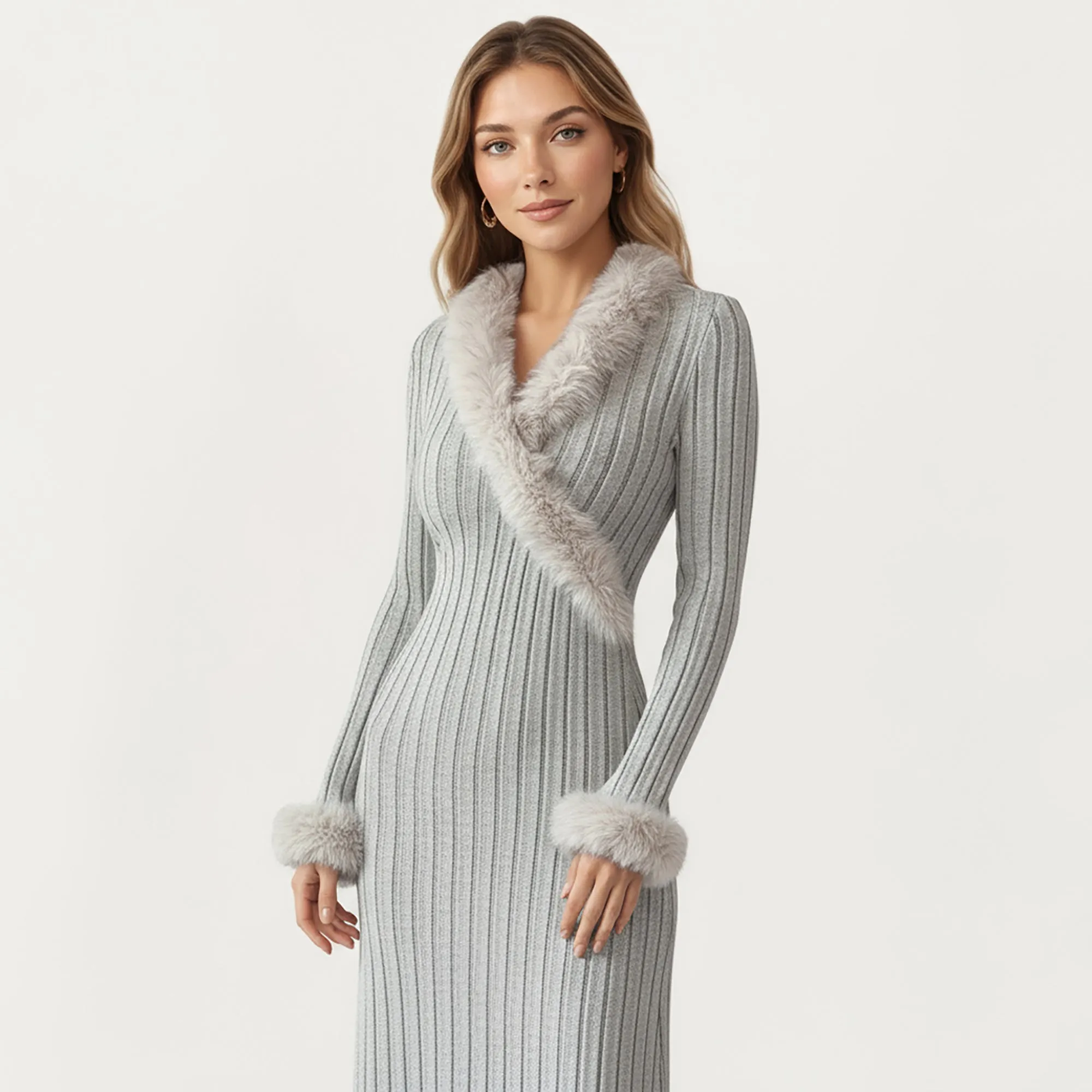Anna-Kaci Women's Rib Knit Midi Dress with Faux Fur Trim, Wrap V-Neckline, Long Slim Sleeves and Form-Fitting Silhouette for Elevated Styling sold by Anna-Kaci product image thumbnail 2