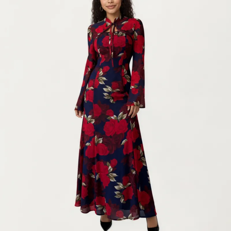 Anna-Kaci Women¡¯s Floral Print Maxi Dress with Long Flared Sleeves, High Neckline, Front Tie Detail and Flowing A-Line Silhouette sold by Anna-Kaci