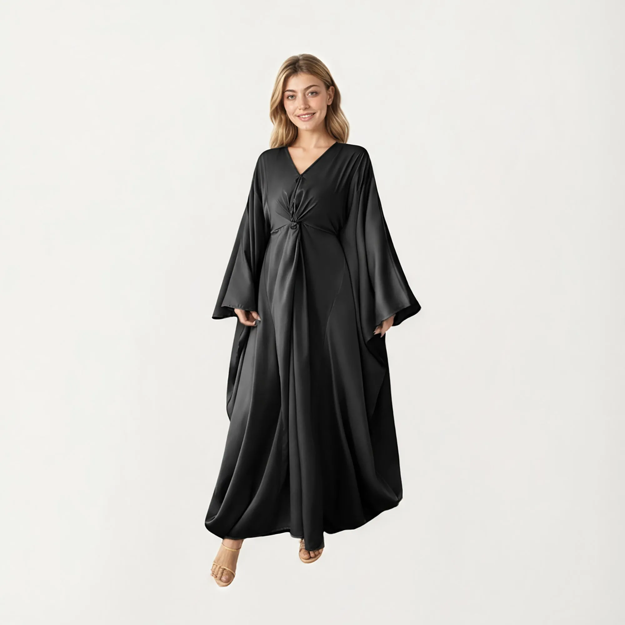 Anna-Kaci Women¡¯s Satin Draped Maxi Dress with Knot Front Detail, Flowing Wide Sleeves and Soft Fluid Silhouette sold by Anna-Kaci product image thumbnail 3