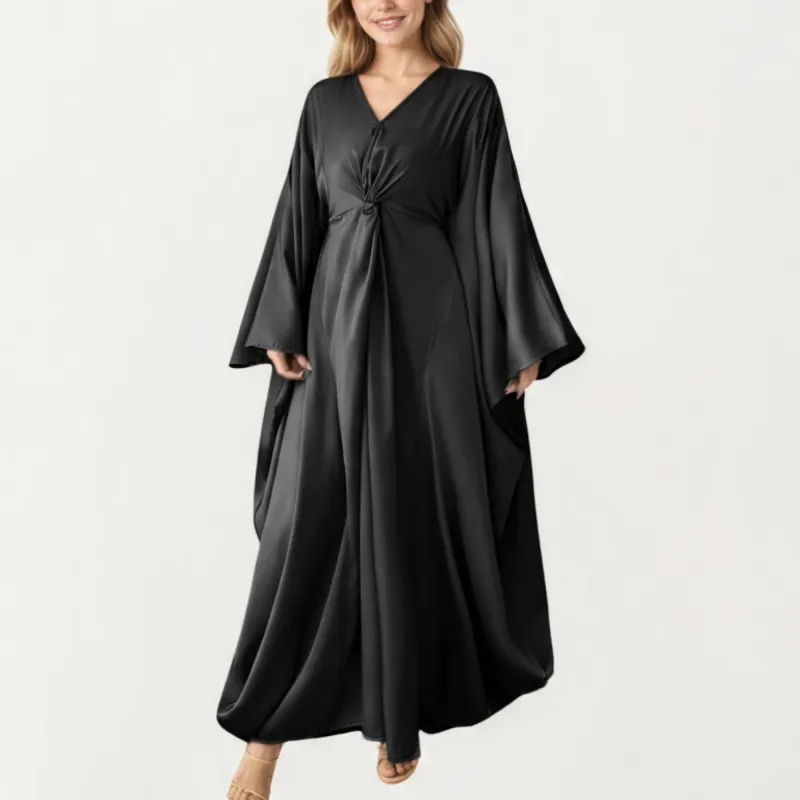 Anna-Kaci Women¡¯s Satin Draped Maxi Dress with Knot Front Detail, Flowing Wide Sleeves and Soft Fluid Silhouette sold by Anna-Kaci