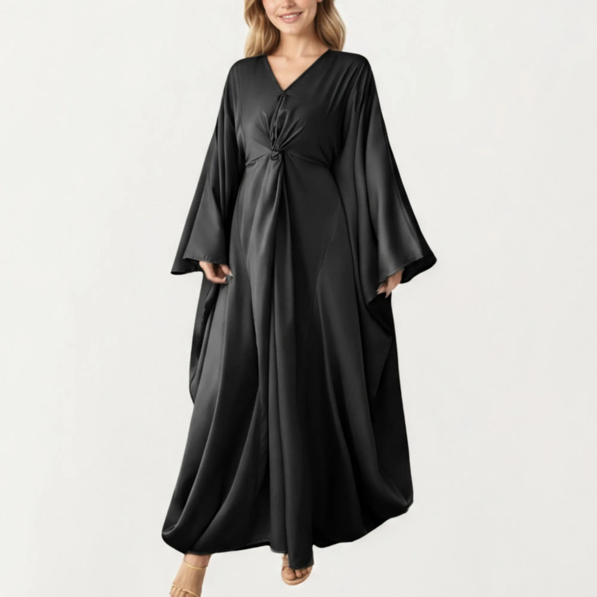 Anna-Kaci Women¡¯s Satin Draped Maxi Dress with Knot Front Detail, Flowing Wide Sleeves and Soft Fluid Silhouette sold by Anna-Kaci