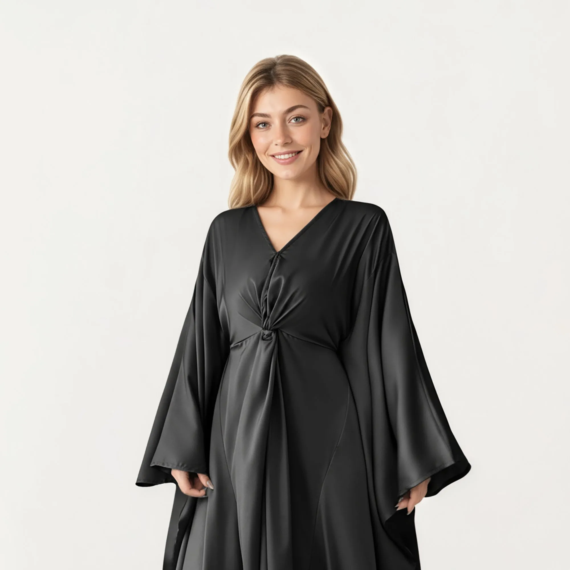 Anna-Kaci Women¡¯s Satin Draped Maxi Dress with Knot Front Detail, Flowing Wide Sleeves and Soft Fluid Silhouette sold by Anna-Kaci product image thumbnail 2