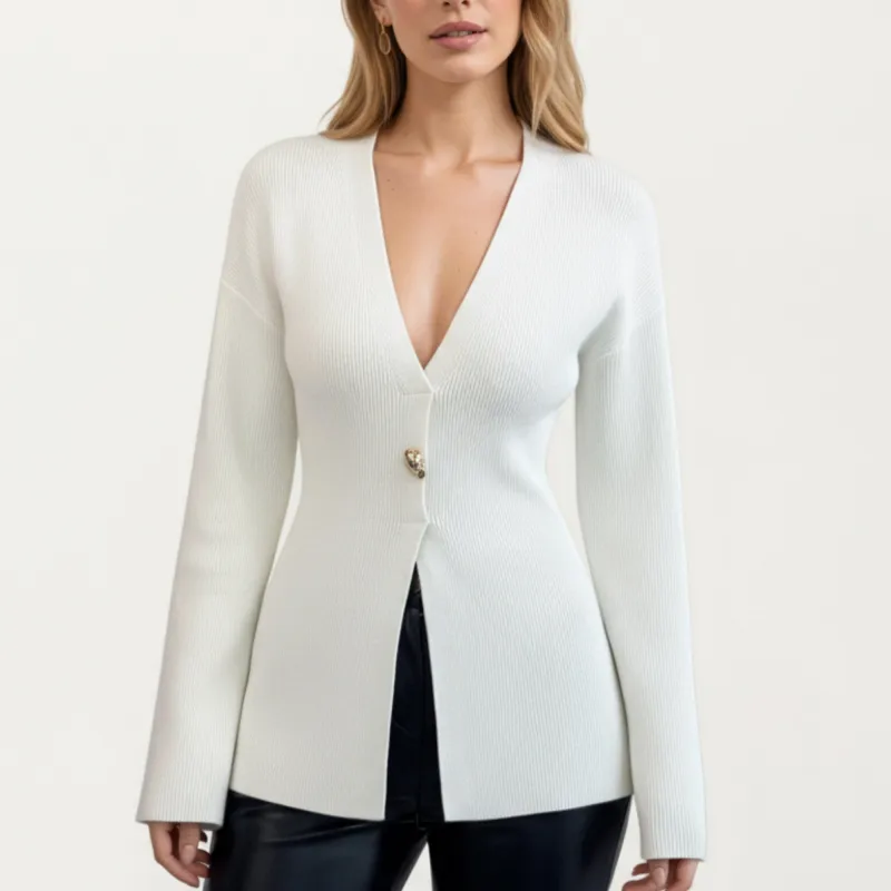 Anna-Kaci Women¡¯s Deep V-Neck Ribbed Knit Top with Single Statement Button and Structured Front Opening sold by Anna-Kaci