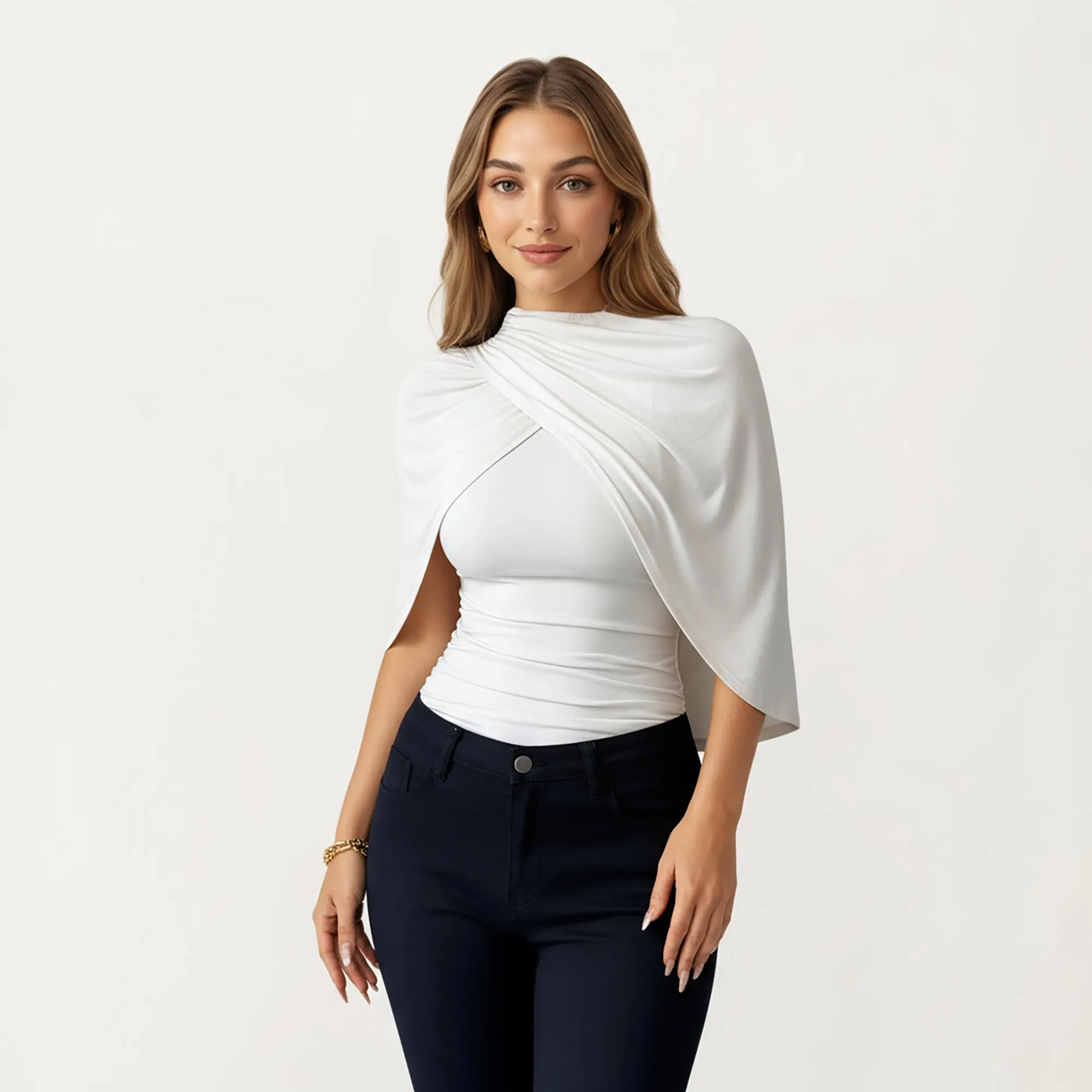 Anna-Kaci Women¡¯s Draped Overlay Top with Gathered Shoulder Detail and Smooth Fitted Bodice Design sold by Anna-Kaci product image thumbnail 2