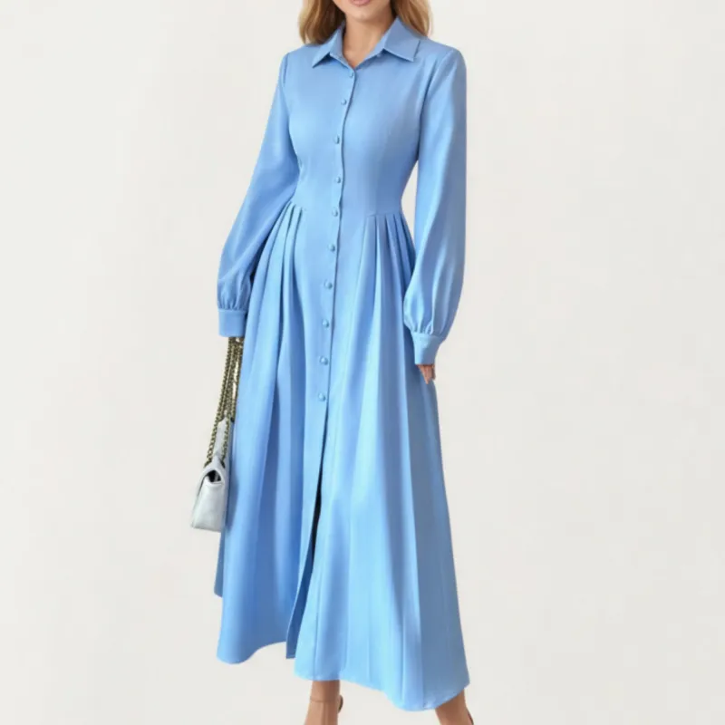 Anna-Kaci Women¡¯s Long Sleeve Button Front Maxi Dress with Structured Collar, Pleated Dress Paneling and Smooth Fabric Finish sold by Anna-Kaci