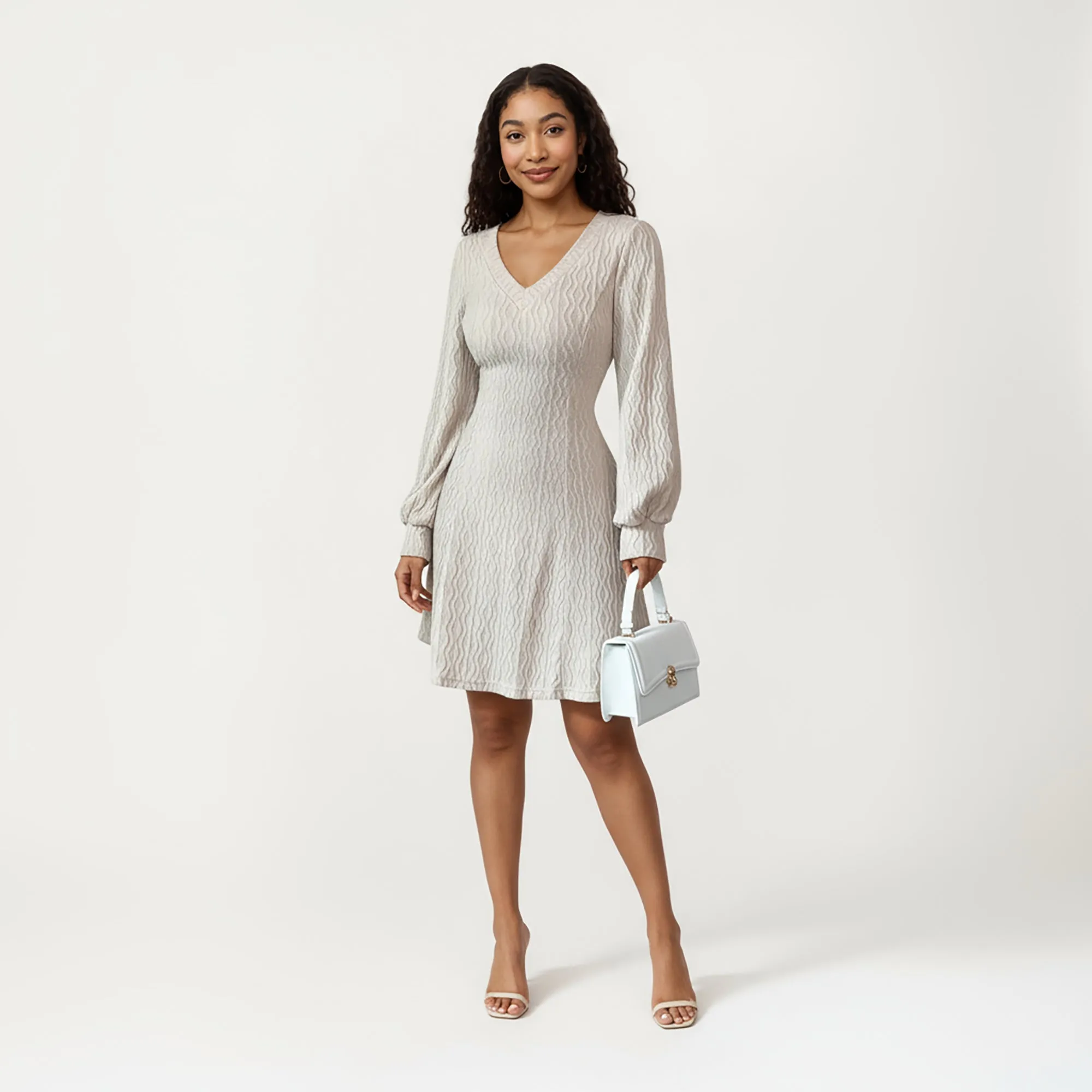 Anna-Kaci Women¡¯s Textured Knit Long Sleeve V-Neck Fit-and-Flare Mini Dress with Soft Rib Detailing and Gentle Drape sold by Anna-Kaci product image thumbnail 3