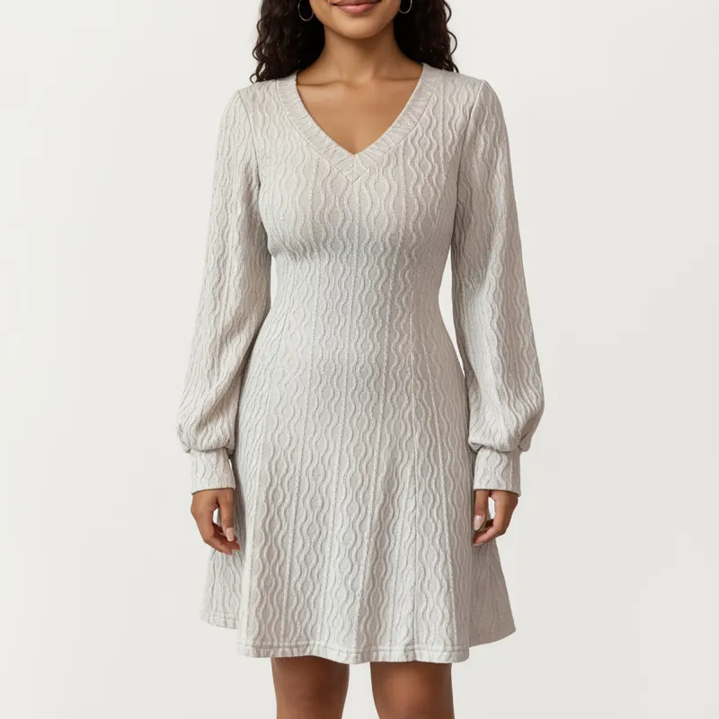 Anna-Kaci Women¡¯s Textured Knit Long Sleeve V-Neck Fit-and-Flare Mini Dress with Soft Rib Detailing and Gentle Drape sold by Anna-Kaci