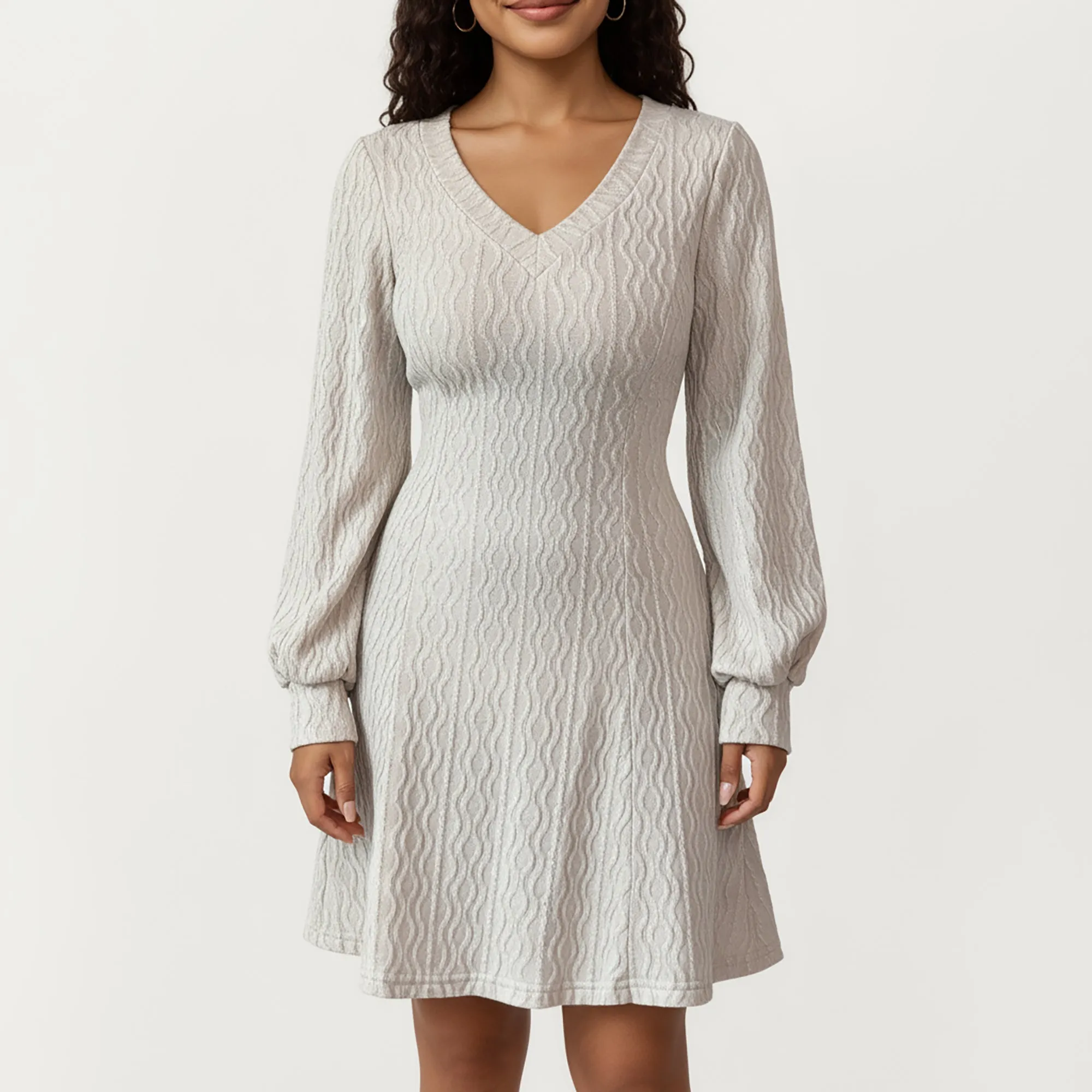 Anna-Kaci Women¡¯s Textured Knit Long Sleeve V-Neck Fit-and-Flare Mini Dress with Soft Rib Detailing and Gentle Drape sold by Anna-Kaci
