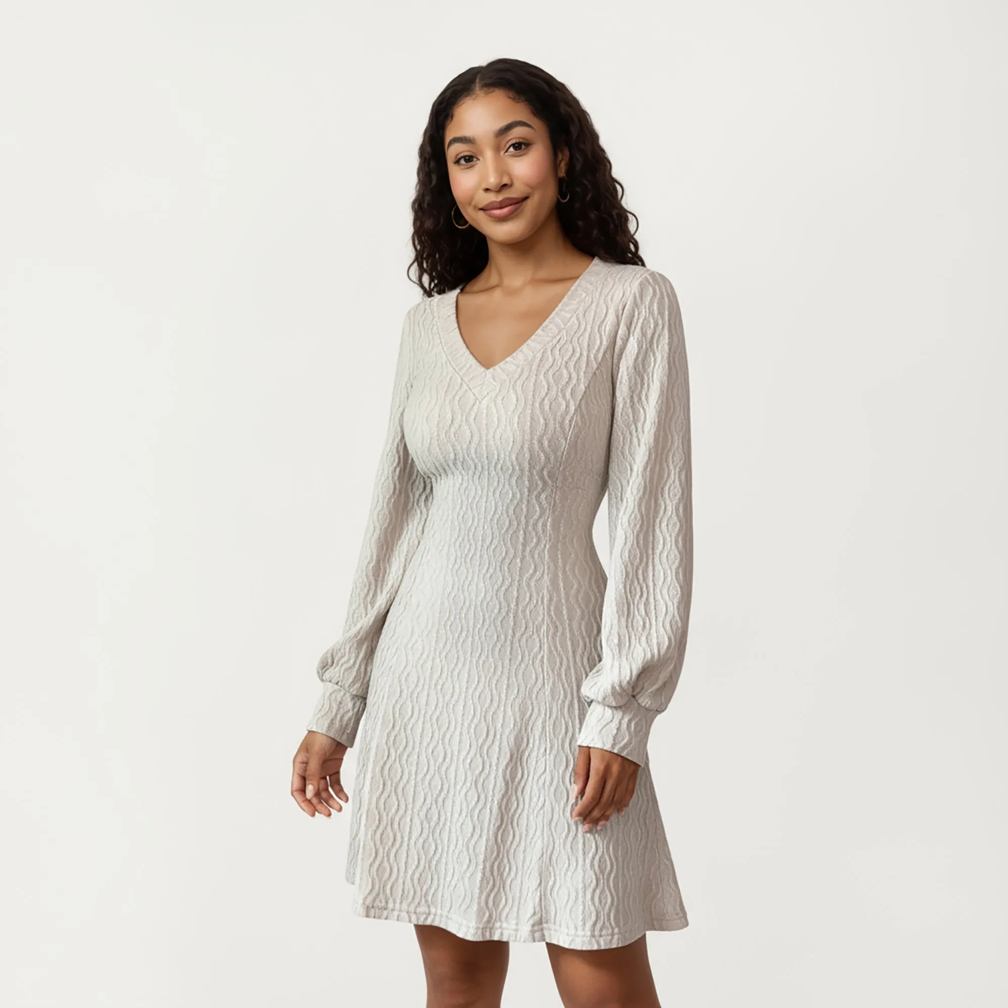 Anna-Kaci Women¡¯s Textured Knit Long Sleeve V-Neck Fit-and-Flare Mini Dress with Soft Rib Detailing and Gentle Drape sold by Anna-Kaci product image thumbnail 2