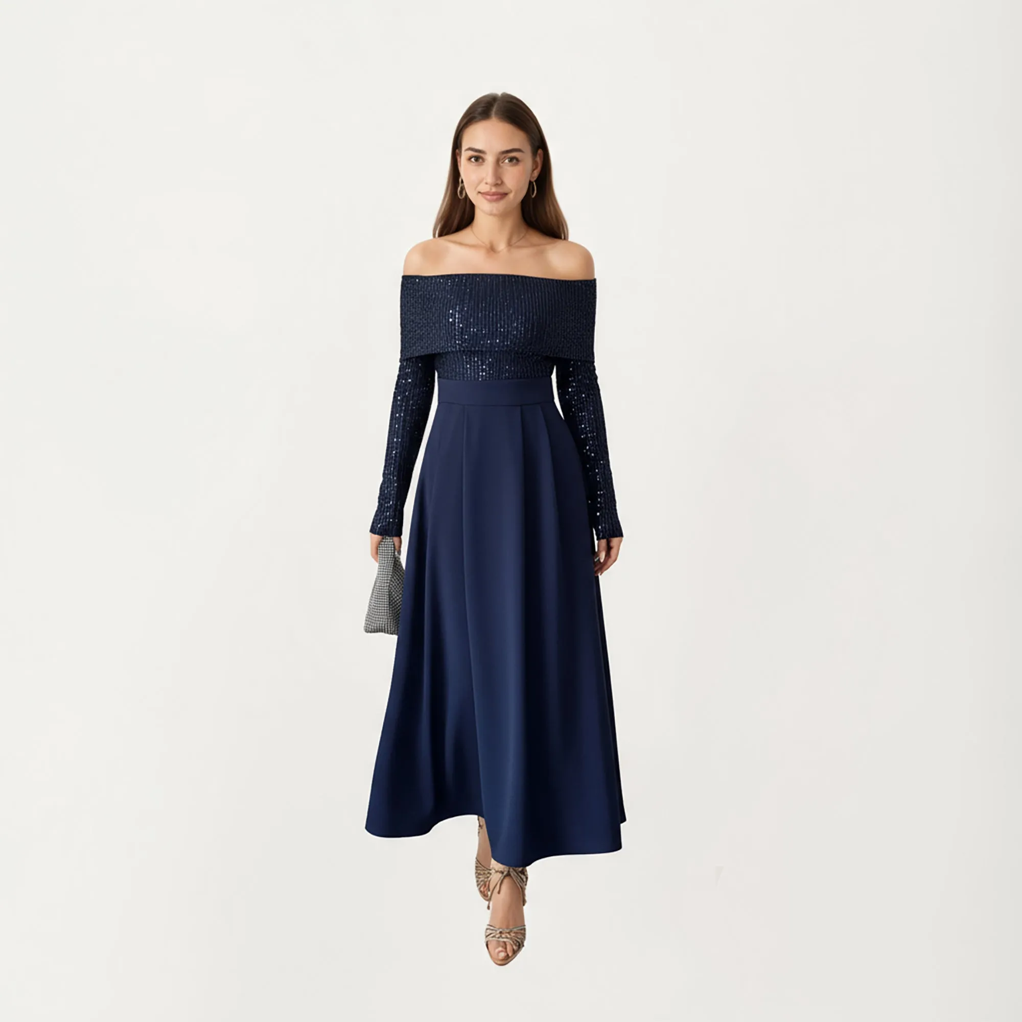 Anna-Kaci Women¡¯s Off-Shoulder Sequin Long Sleeve Maxi Dress with Structured Waistband and Flowing A-Line Dress sold by Anna-Kaci product image thumbnail 2