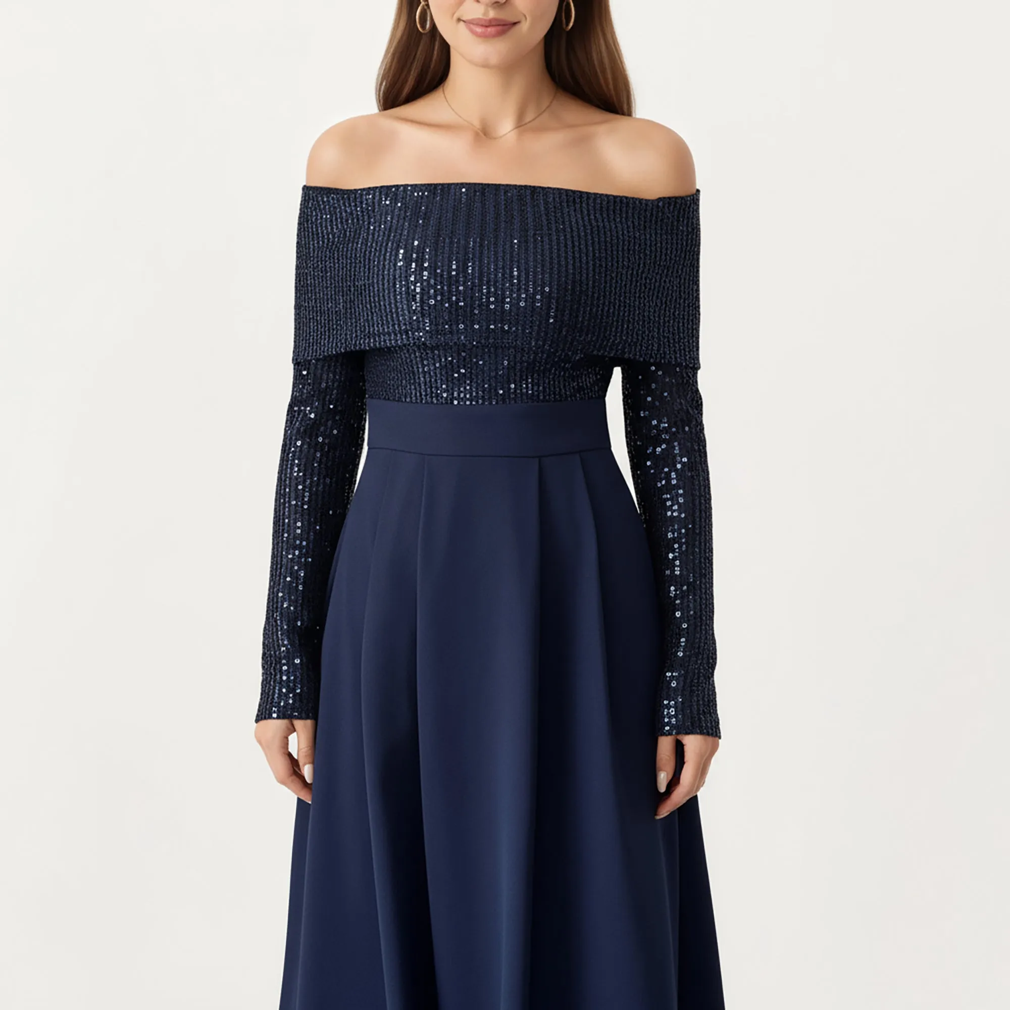 Anna-Kaci Women¡¯s Off-Shoulder Sequin Long Sleeve Maxi Dress with Structured Waistband and Flowing A-Line Dress sold by Anna-Kaci product image thumbnail 4