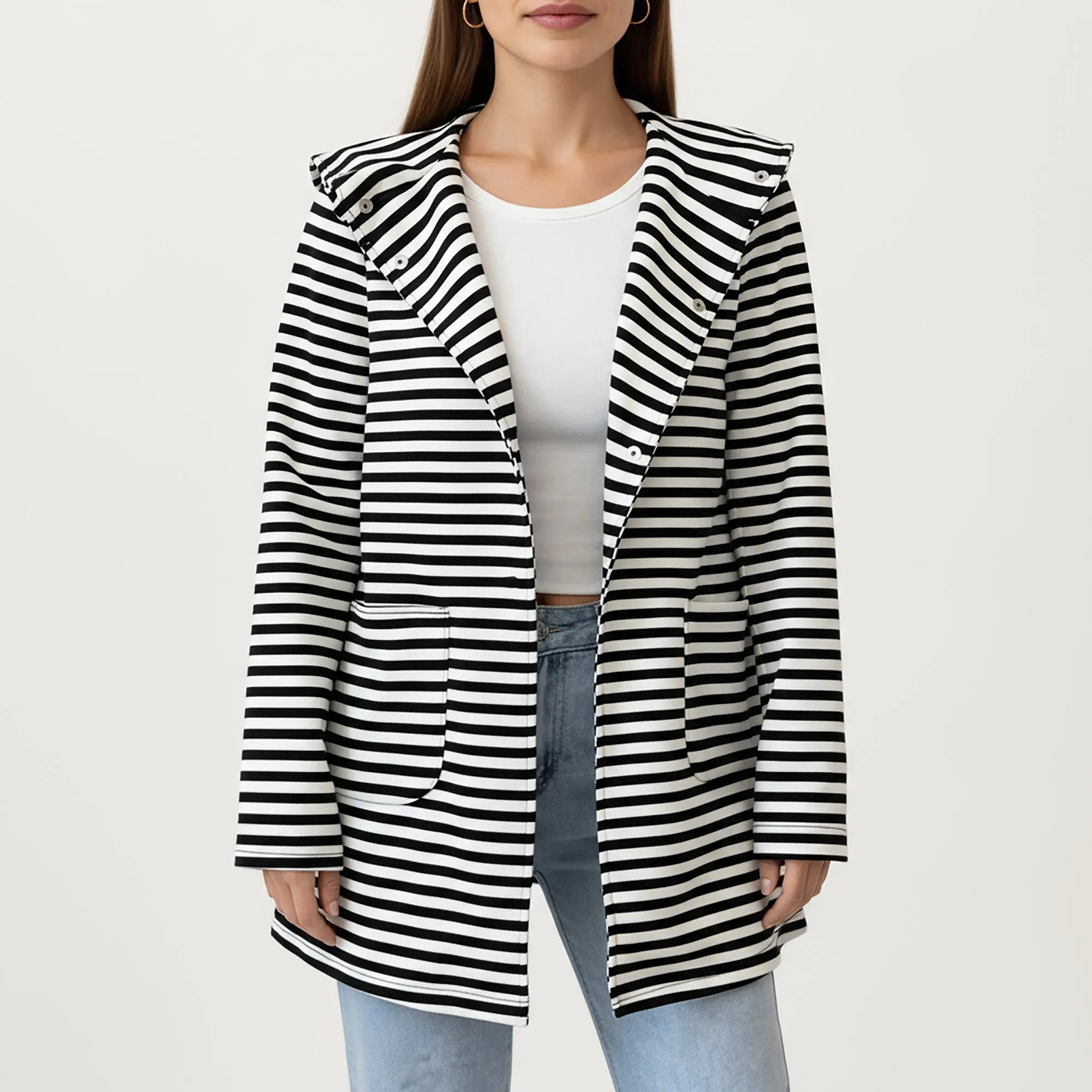 Anna-Kaci Women¡¯s Striped Long Sleeve Hooded Jacket with Front Patch Pockets and Clean Open Front Structured Silhouette sold by Anna-Kaci