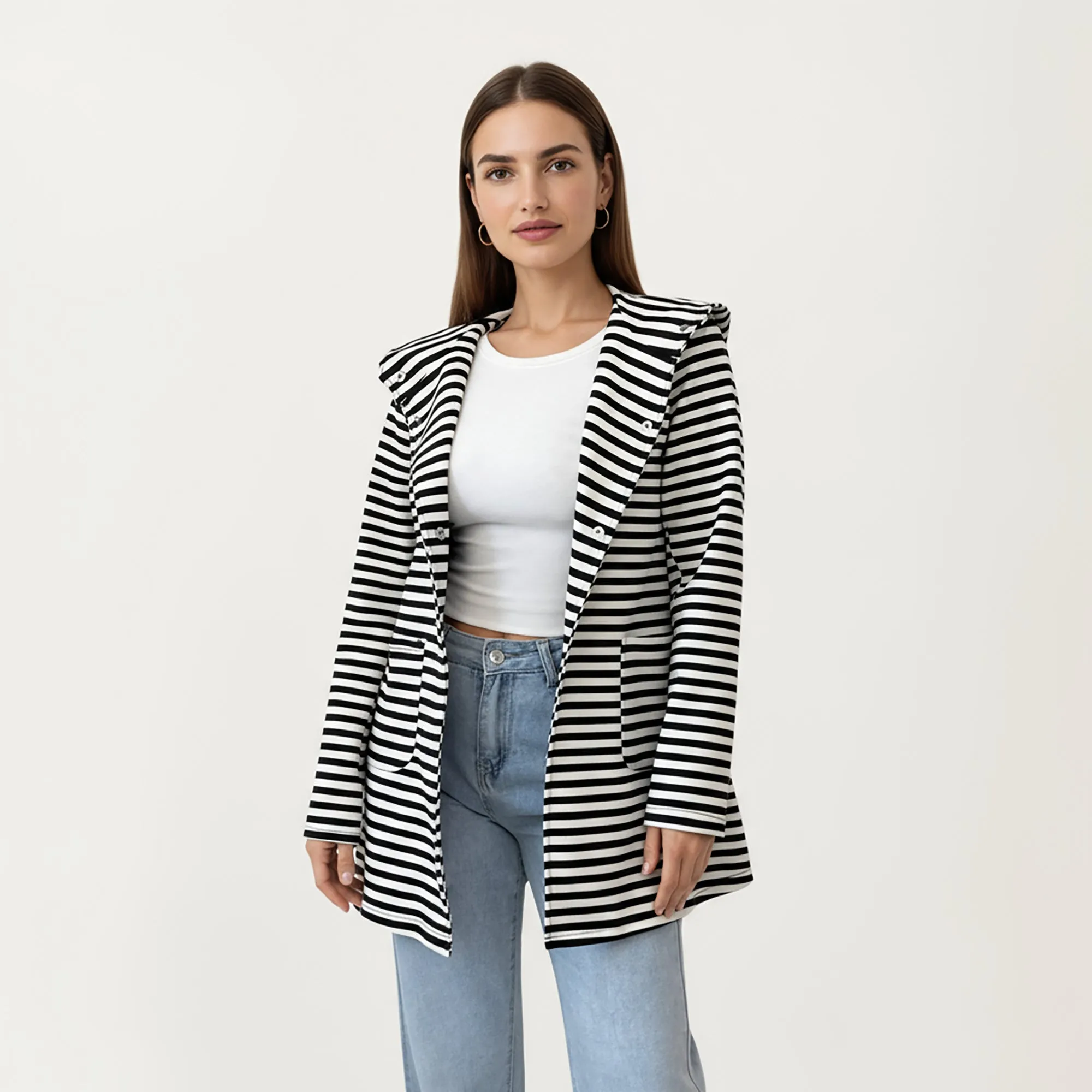 Anna-Kaci Women¡¯s Striped Long Sleeve Hooded Jacket with Front Patch Pockets and Clean Open Front Structured Silhouette sold by Anna-Kaci product image thumbnail 2