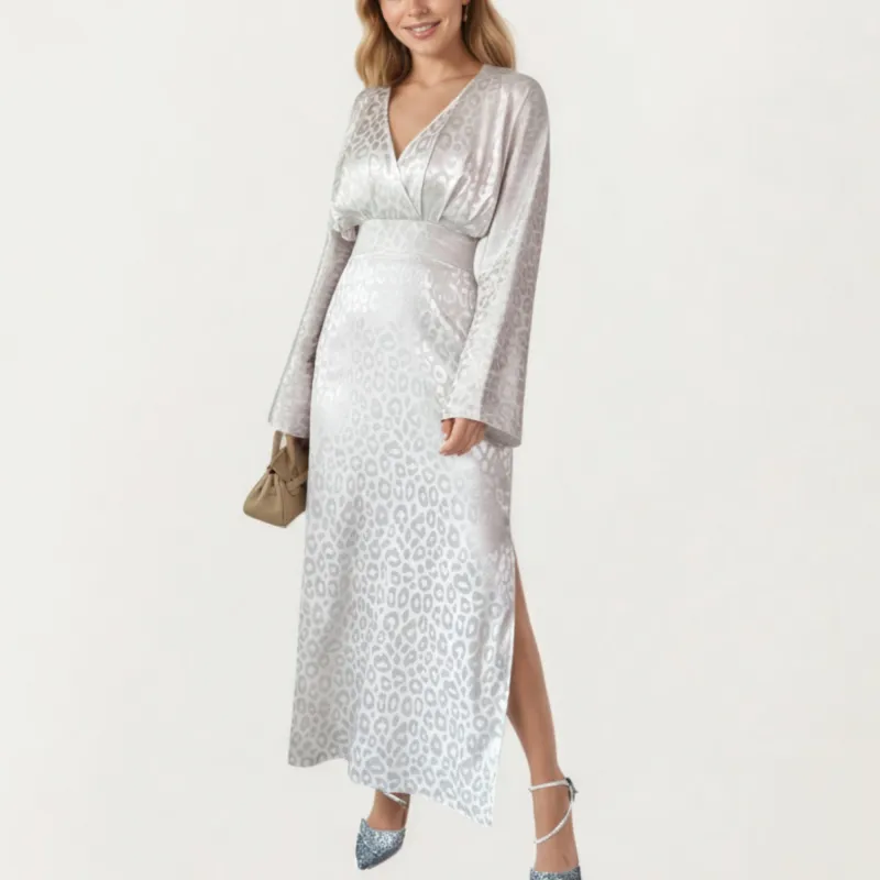 Anna-Kaci Women¡¯s Long Sleeve Maxi Dress with Wrapped V-Neck Bodice, Wide Cinched Waistband, and Subtle Shimmer Leopard Pattern sold by Anna-Kaci