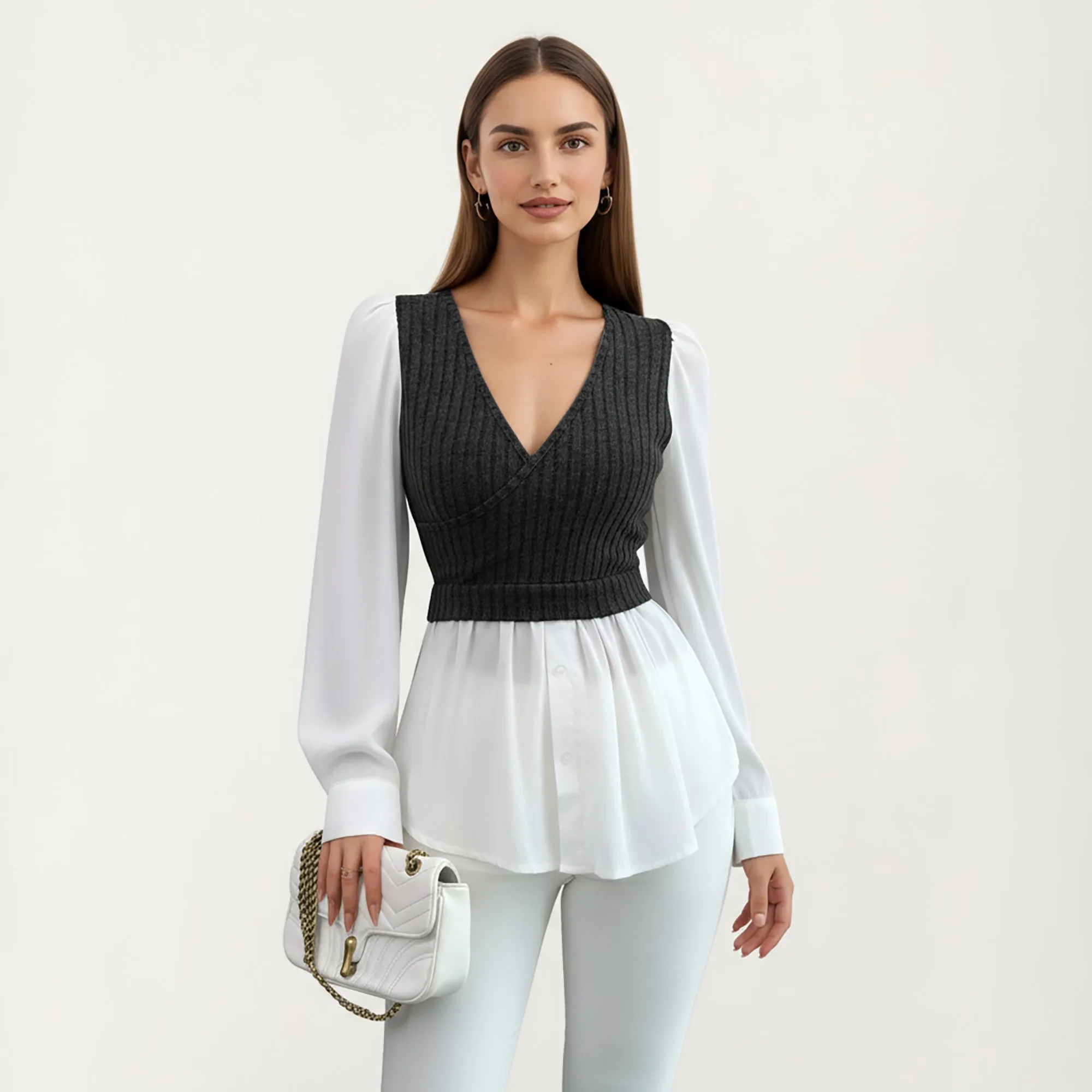 Anna-Kaci Women¡¯s Long Sleeve Layered Top with Ribbed Knit Wrap Bodice, Structured Cuffs, and Flowy Buttoned Hem sold by Anna-Kaci product image thumbnail 2