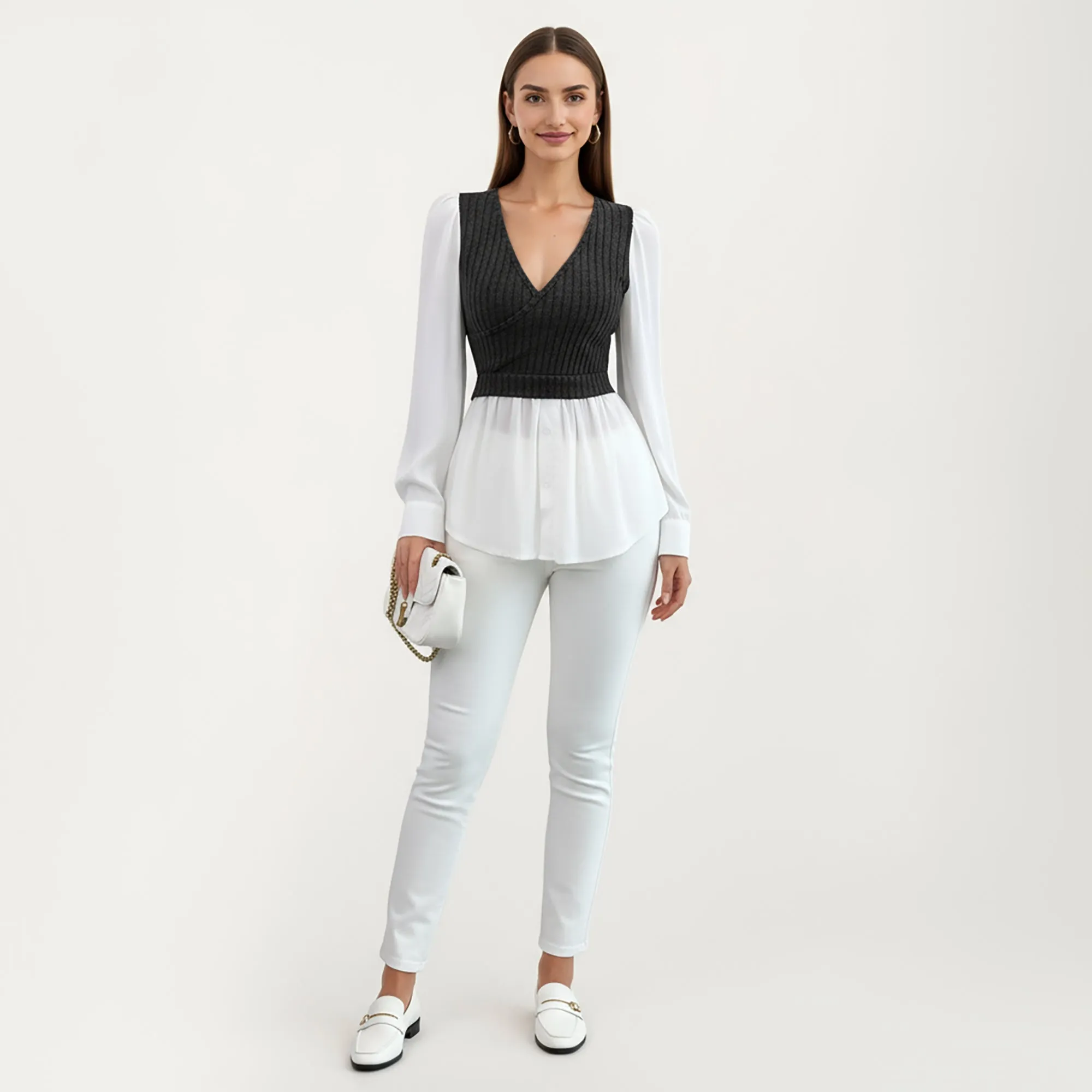 Anna-Kaci Women¡¯s Long Sleeve Layered Top with Ribbed Knit Wrap Bodice, Structured Cuffs, and Flowy Buttoned Hem sold by Anna-Kaci product image thumbnail 3