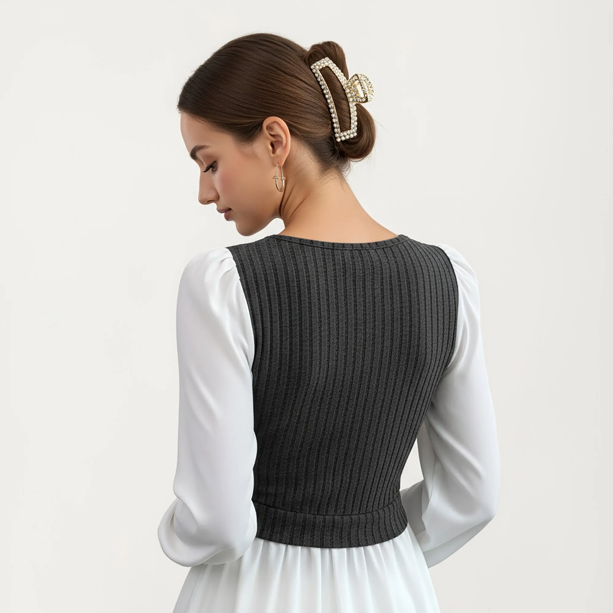 Anna-Kaci Women¡¯s Long Sleeve Layered Top with Ribbed Knit Wrap Bodice, Structured Cuffs, and Flowy Buttoned Hem sold by Anna-Kaci product image thumbnail 4