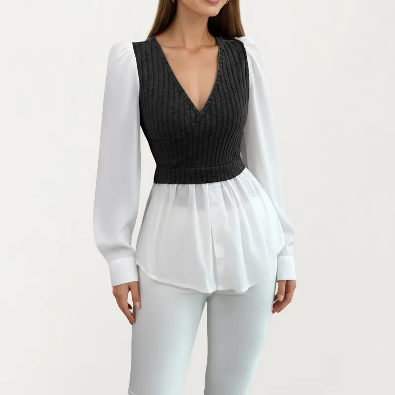 Anna-Kaci Women¡¯s Long Sleeve Layered Top with Ribbed Knit Wrap Bodice, Structured Cuffs, and Flowy Buttoned Hem made by Anna-Kaci