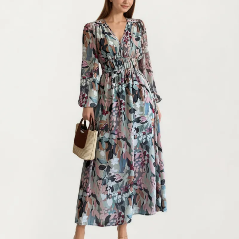Anna-Kaci Women's Long Sleeve Maxi Dress with V-Neckline, Ruched Elastic Waist Detail, and Flowing Sheer Overlay Featuring an Allover Floral Pattern sold by Anna-Kaci
