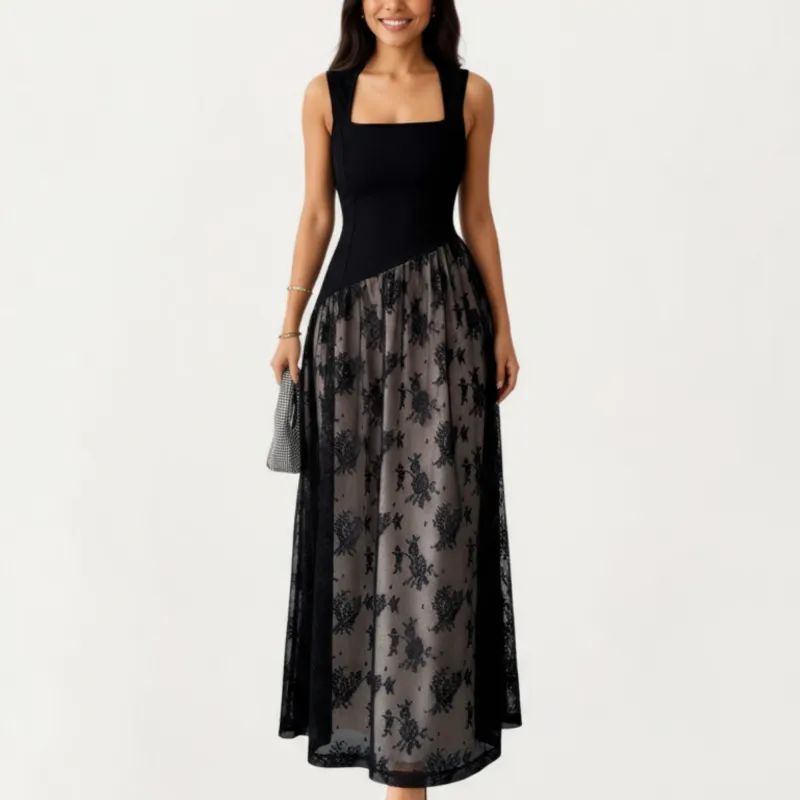 Anna-Kaci Women's Sleeveless Maxi Dress with Fitted Square Neck Bodice, Asymmetrical Waist Seam, and Sheer Patterned Overlay Dress sold by Anna-Kaci
