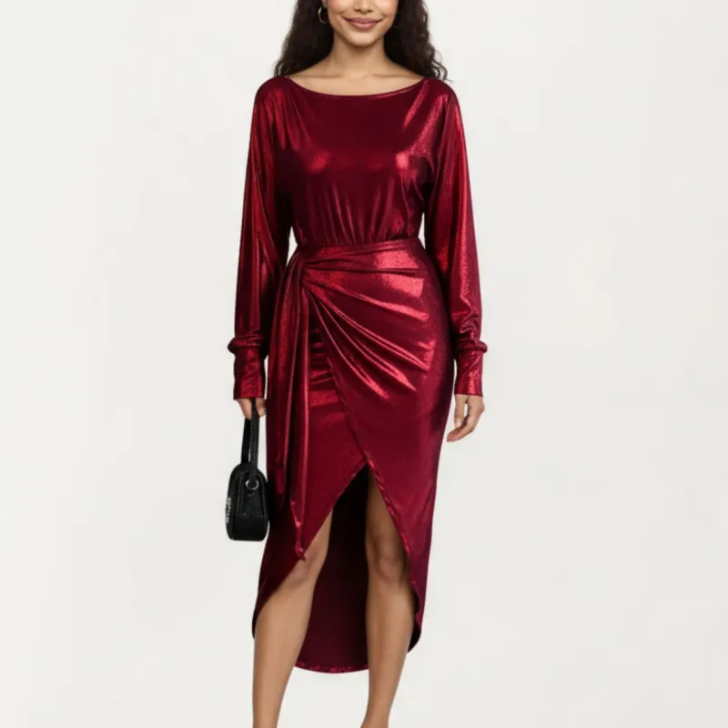 Anna-Kaci Women's Long Sleeve Metallic Sheen Midi Dress with Draped Front Overlay and Soft Self Tie Waist for Flattering Silhouette sold by Anna-Kaci