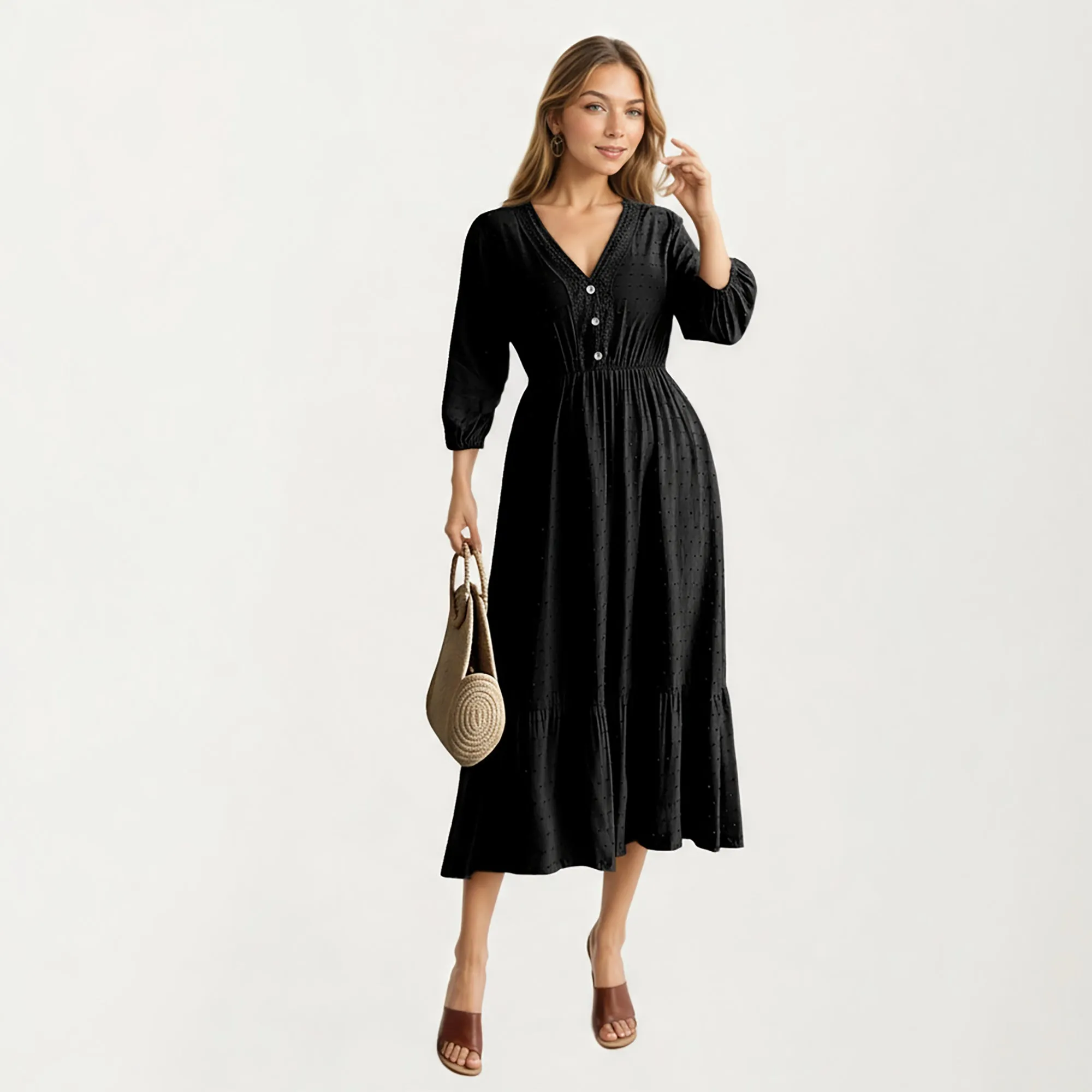 Anna-Kaci Women's V-Neck Button Front Midi Dress with Textured Swiss Dot Fabric and Soft Gathered Waist Design sold by Anna-Kaci product image thumbnail 2