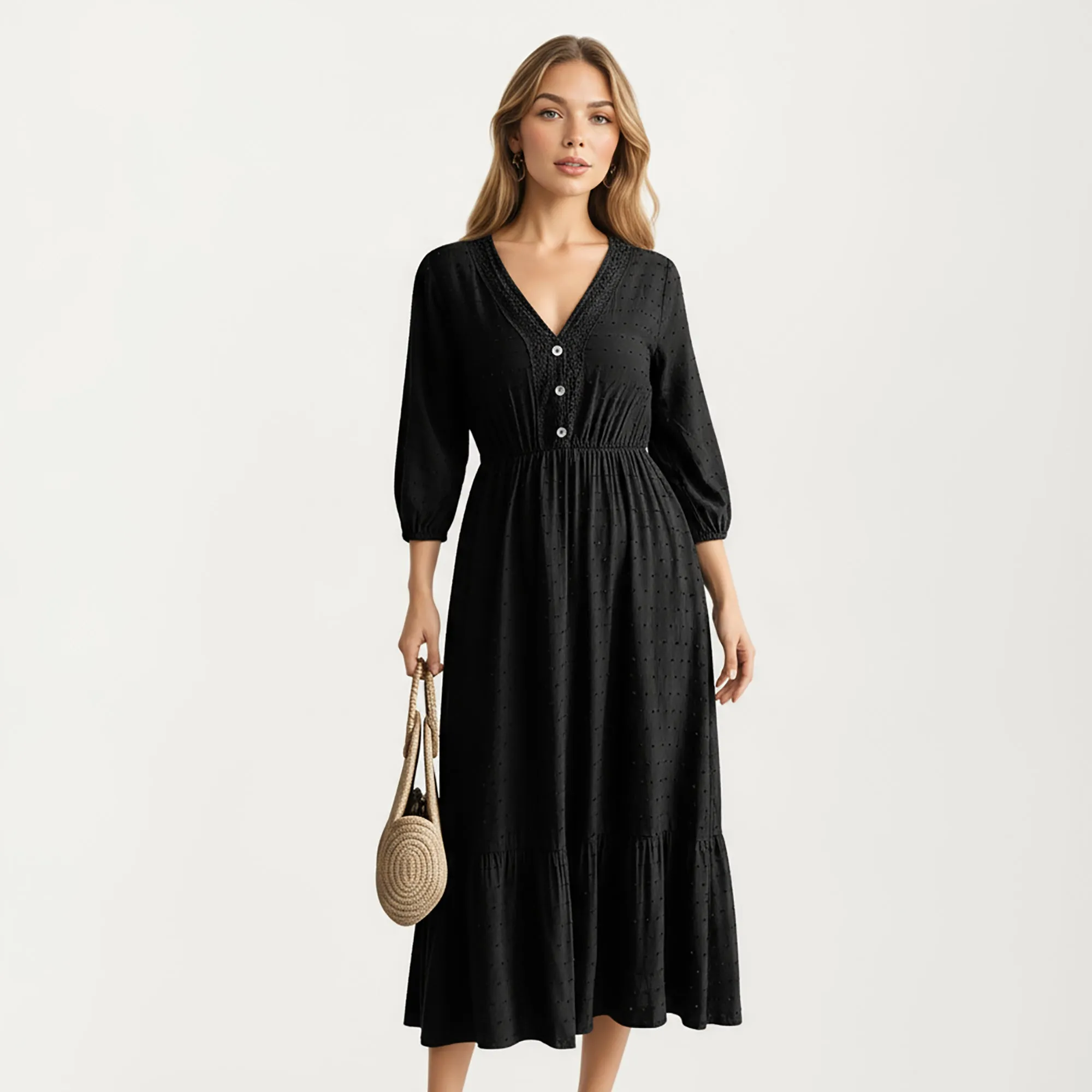 Anna-Kaci Women's V-Neck Button Front Midi Dress with Textured Swiss Dot Fabric and Soft Gathered Waist Design sold by Anna-Kaci product image thumbnail 3