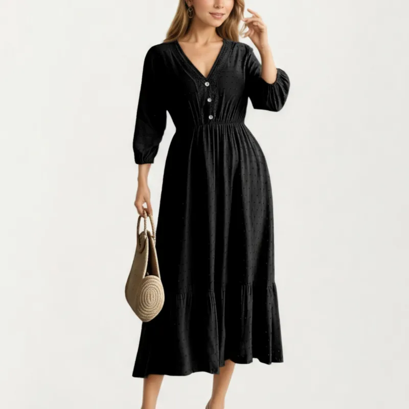 Anna-Kaci Women's V-Neck Button Front Midi Dress with Textured Swiss Dot Fabric and Soft Gathered Waist Design sold by Anna-Kaci