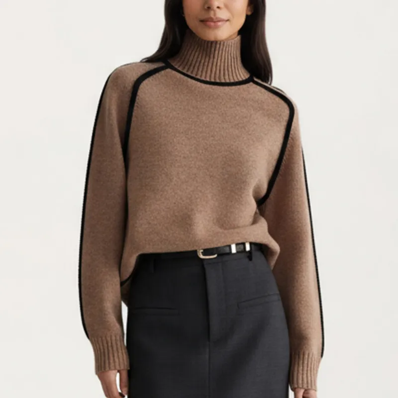 Anna-Kaci Women's Turtleneck Pullover Top with Contrast Trim Details and Ribbed Hemline for a Clean Modern Silhouette sold by Anna-Kaci