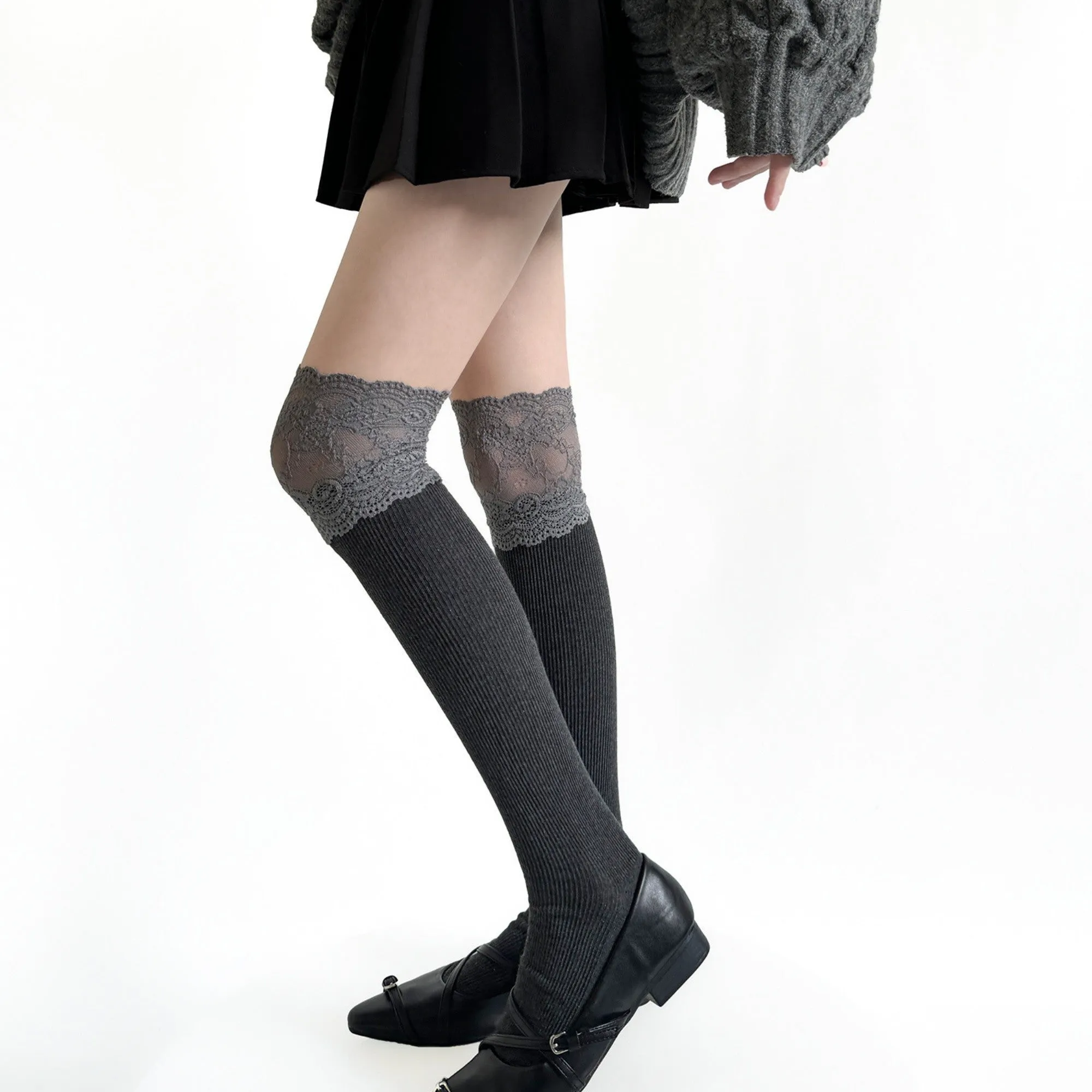 Anna-Kaci Women's Over-the-Knee Ribbed Knit Socks with Lace Trim Detail and Stretch Fit sold by Anna-Kaci product image thumbnail 4