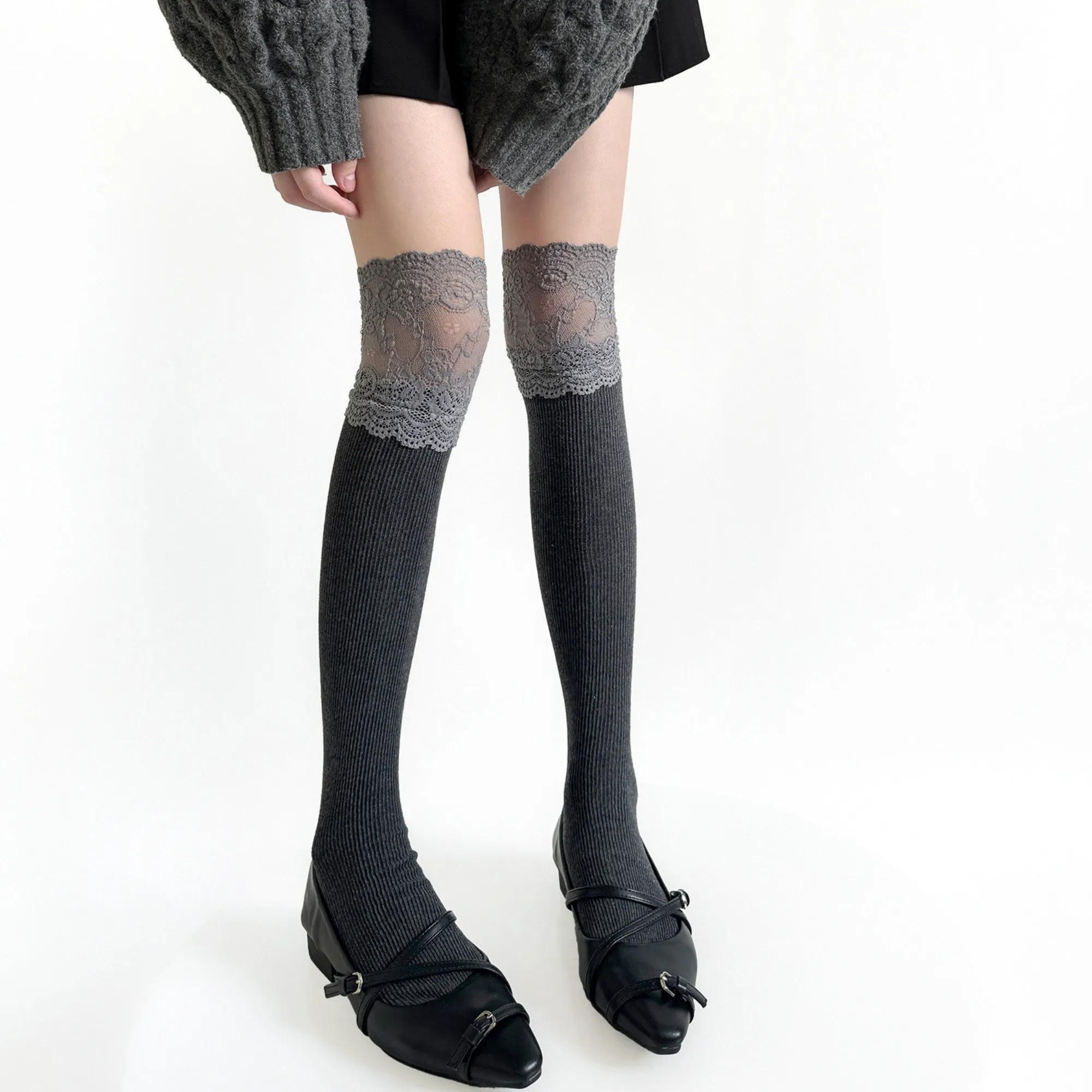 Anna-Kaci Women's Over-the-Knee Ribbed Knit Socks with Lace Trim Detail and Stretch Fit sold by Anna-Kaci product image thumbnail 3