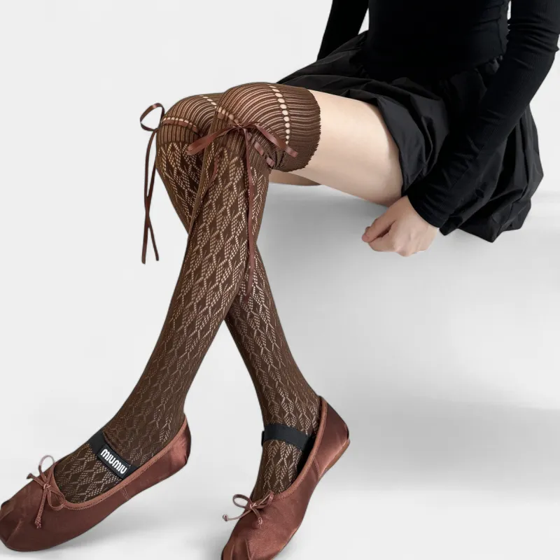 Anna-Kaci Women's Over-the-Knee Knit Socks with Diamond Pattern and Ribbon Bow Detail sold by Anna-Kaci