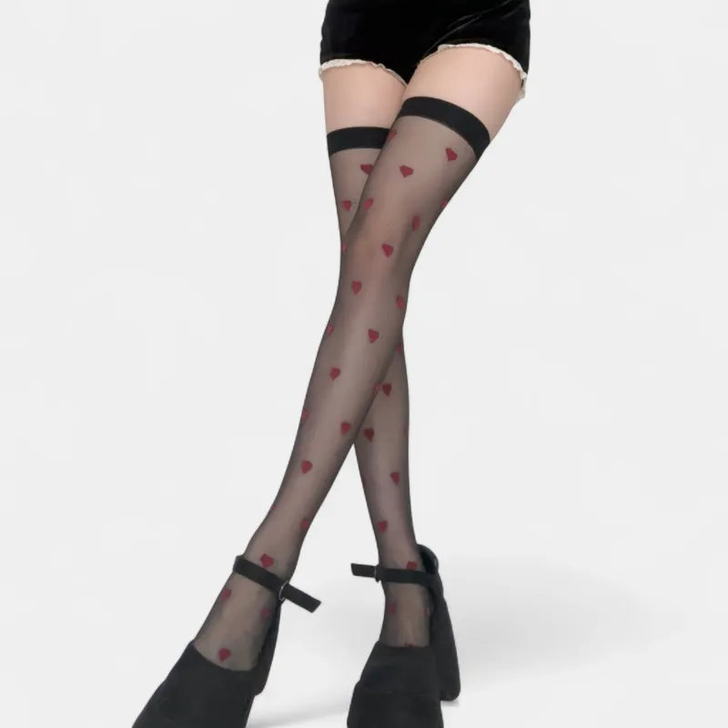 Anna-Kaci Women's Sheer Over-the-Knee Heart Pattern Mesh Stockings with Elastic Band sold by Anna-Kaci