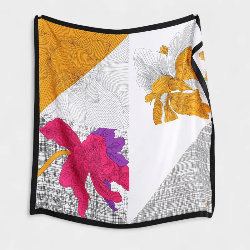 Anna-Kaci Women's Colorblock Floral Satin Square Scarf with Modern Line Art Design 43.5x43.5in sold by Anna-Kaci