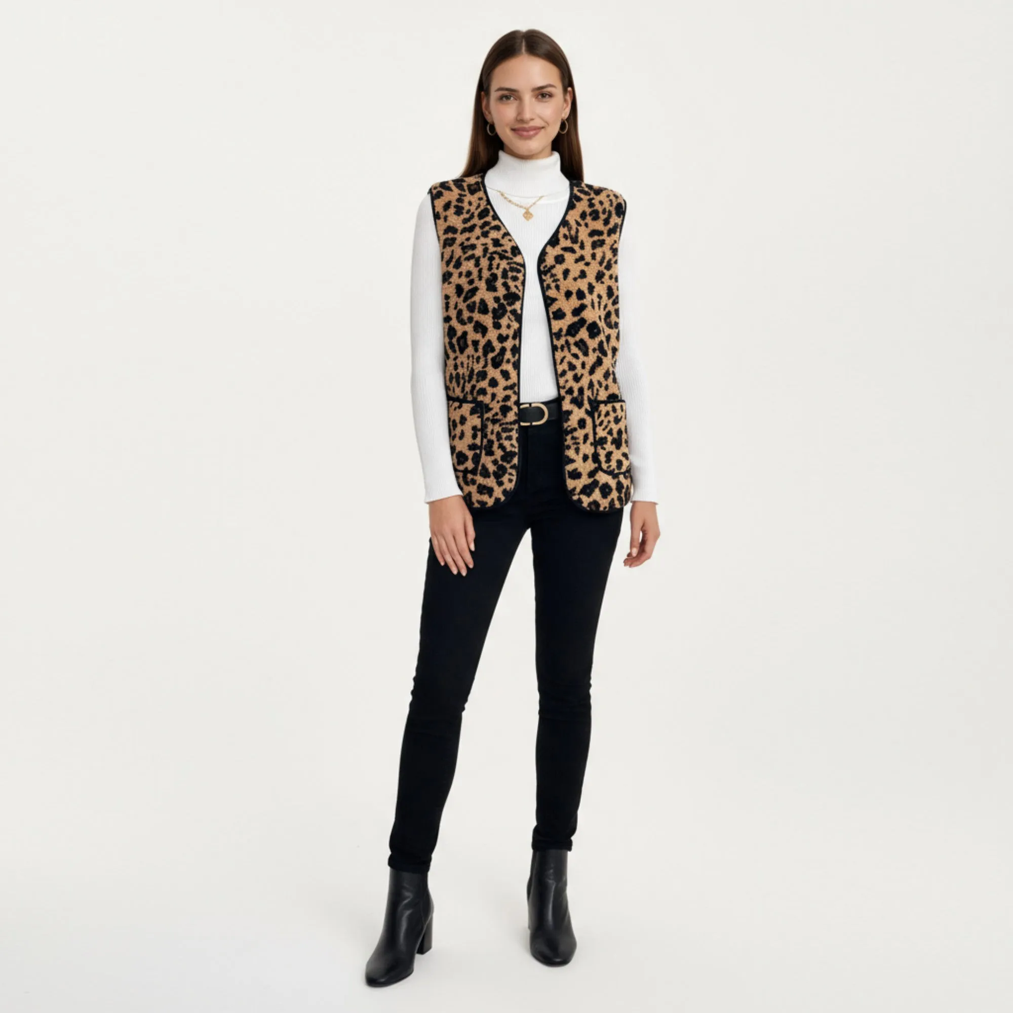 Anna-Kaci Women's Leopard Print Open Front Vest with Contrast Trim and Front Pockets sold by Anna-Kaci product image thumbnail 3