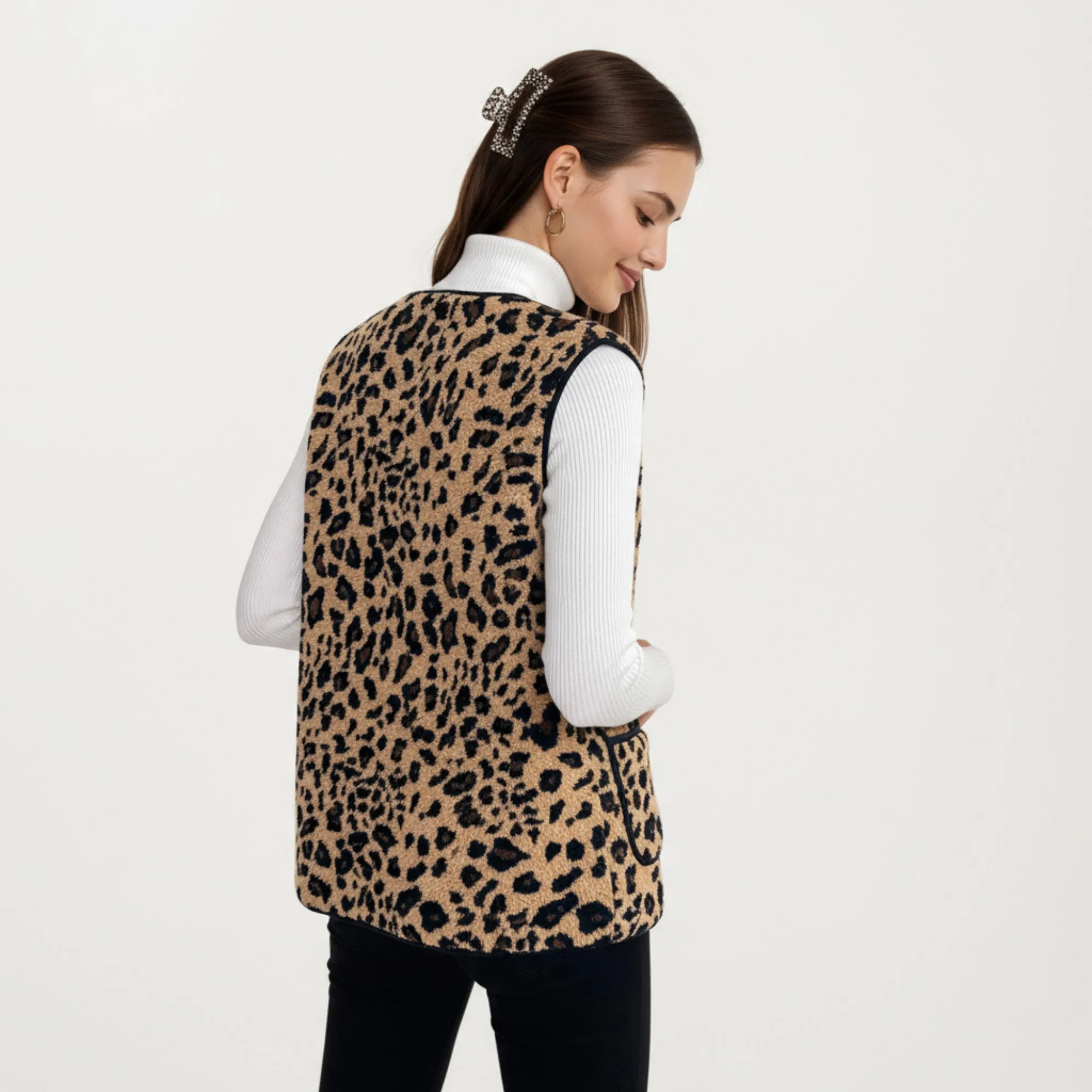 Anna-Kaci Women's Leopard Print Open Front Vest with Contrast Trim and Front Pockets sold by Anna-Kaci product image thumbnail 4