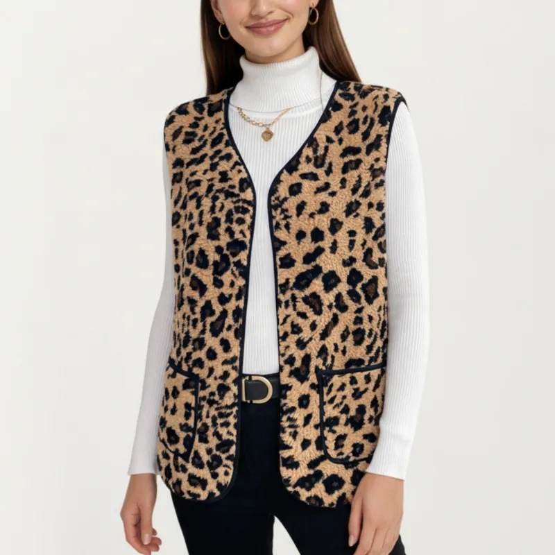 Anna-Kaci Women's Leopard Print Open Front Vest with Contrast Trim and Front Pockets sold by Anna-Kaci