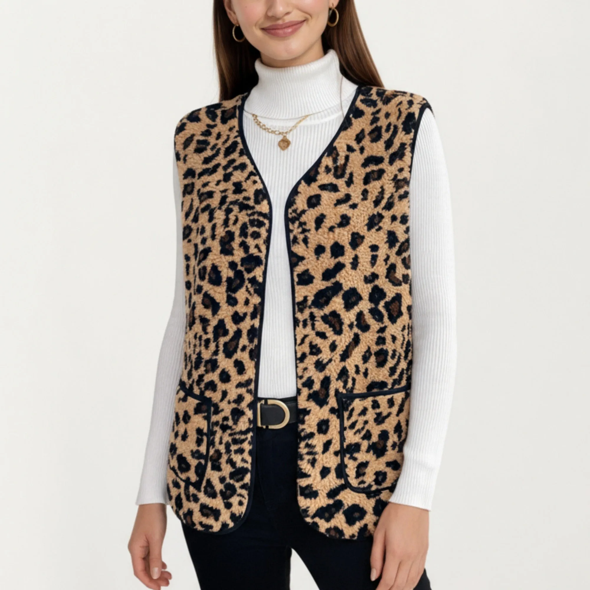 Anna-Kaci Women's Leopard Print Open Front Vest with Contrast Trim and Front Pockets sold by Anna-Kaci
