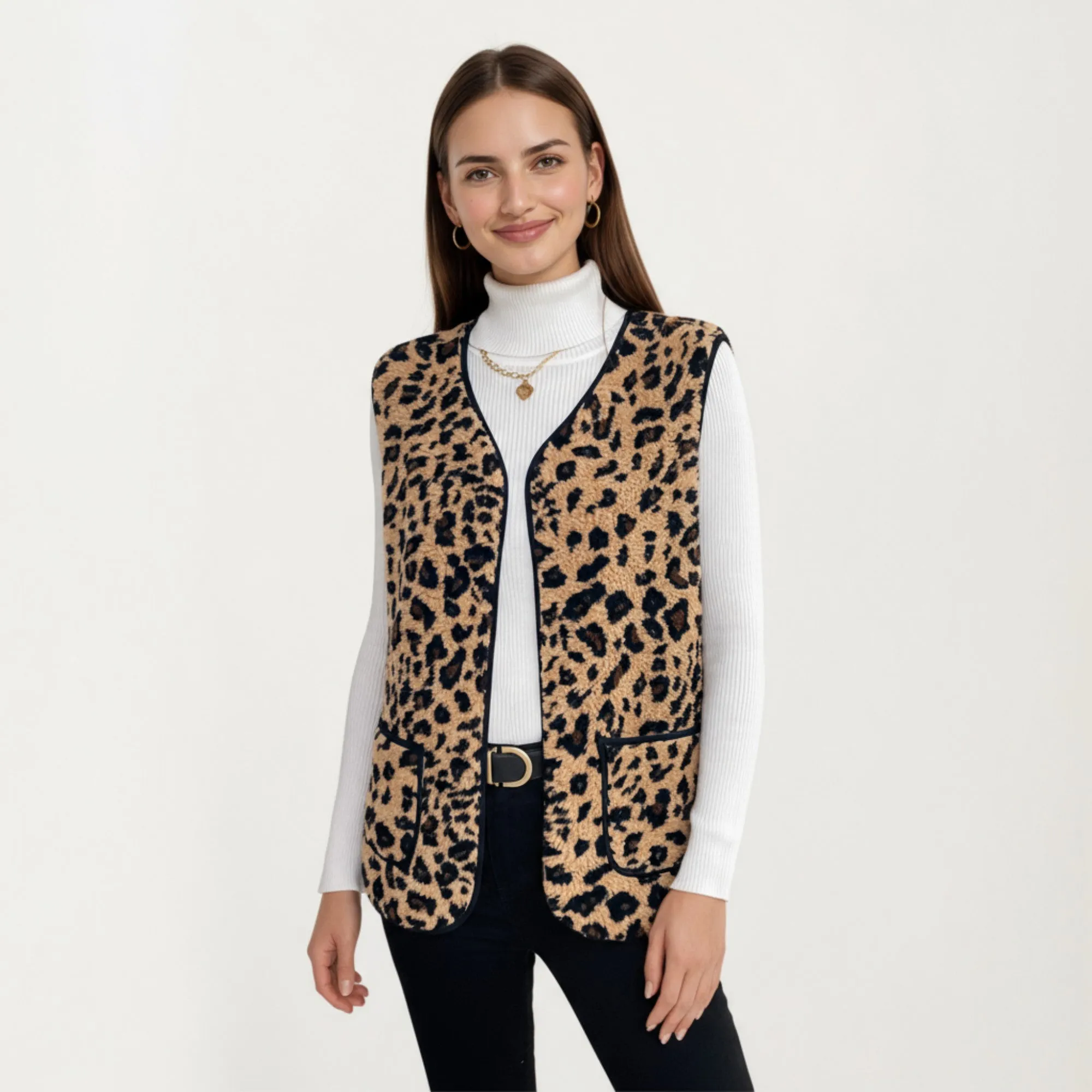 Anna-Kaci Women's Leopard Print Open Front Vest with Contrast Trim and Front Pockets sold by Anna-Kaci product image thumbnail 2