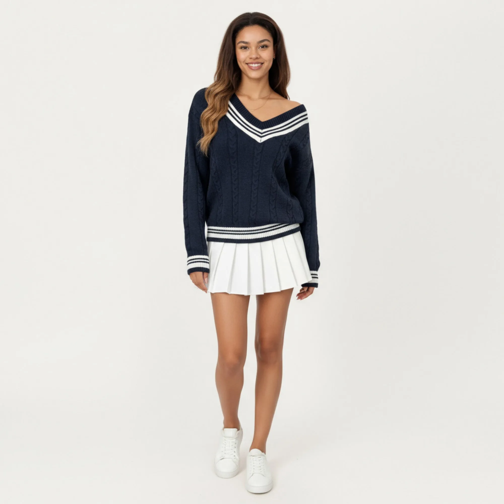Anna-Kaci Women's V-Neck Cable Knit Sweater with Striped Trim and Ribbed Hem sold by Anna-Kaci product image thumbnail 3