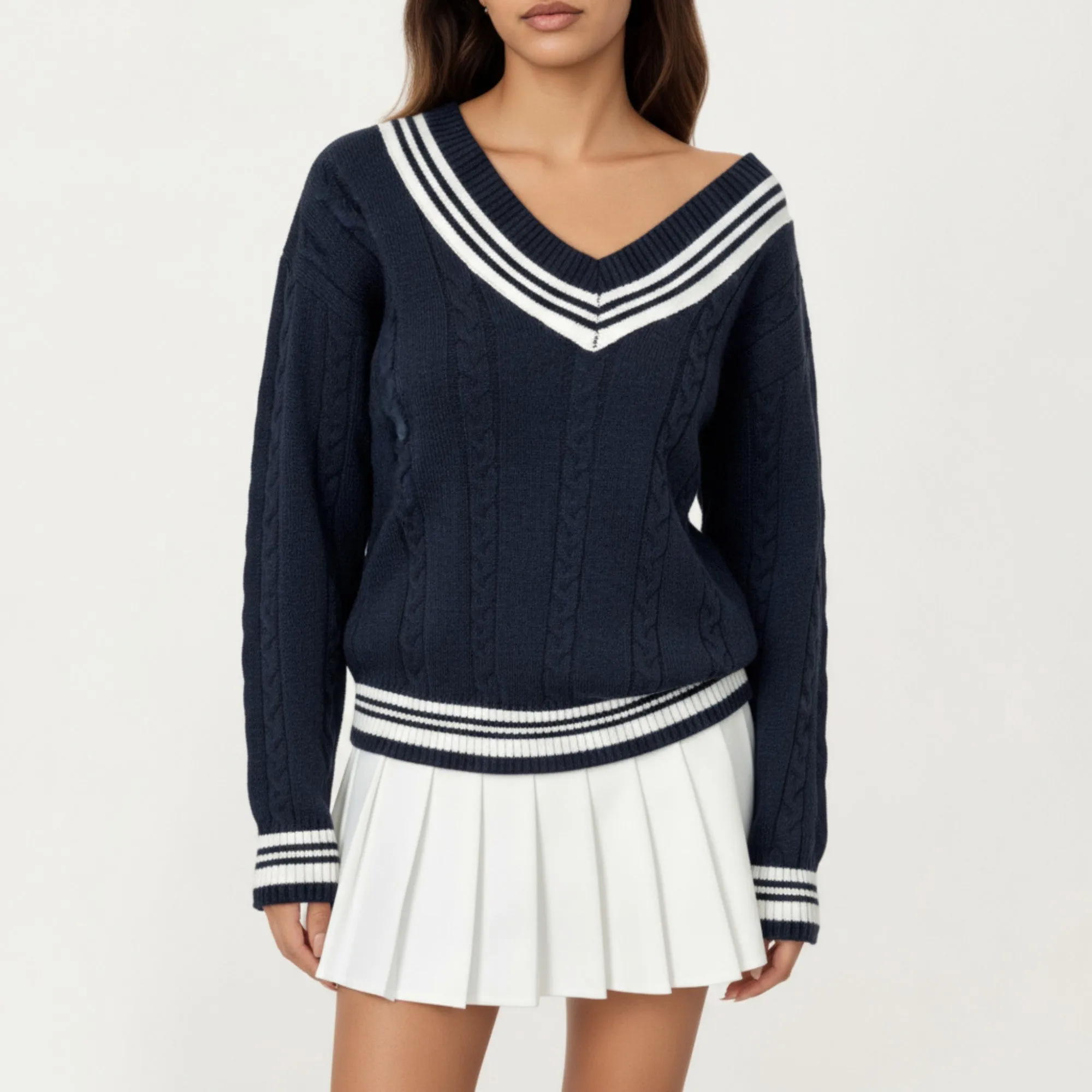 Anna-Kaci Women's V-Neck Cable Knit Sweater with Striped Trim and Ribbed Hem sold by Anna-Kaci