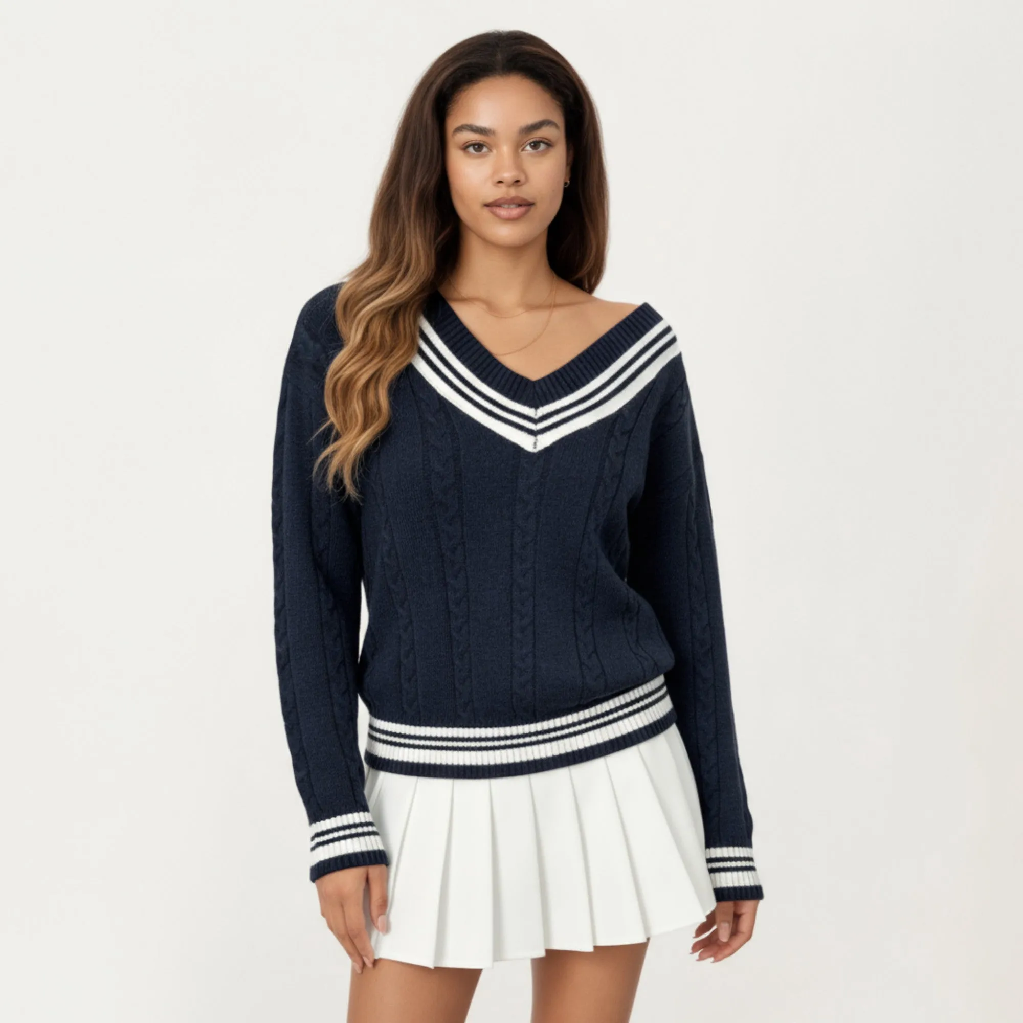 Anna-Kaci Women's V-Neck Cable Knit Sweater with Striped Trim and Ribbed Hem sold by Anna-Kaci product image thumbnail 2