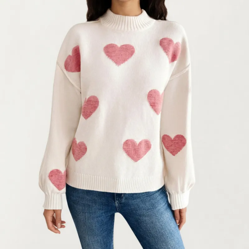 Anna-Kaci Women's Long Sleeve Knit Sweater with Heart Pattern and Ribbed Trim sold by Anna-Kaci